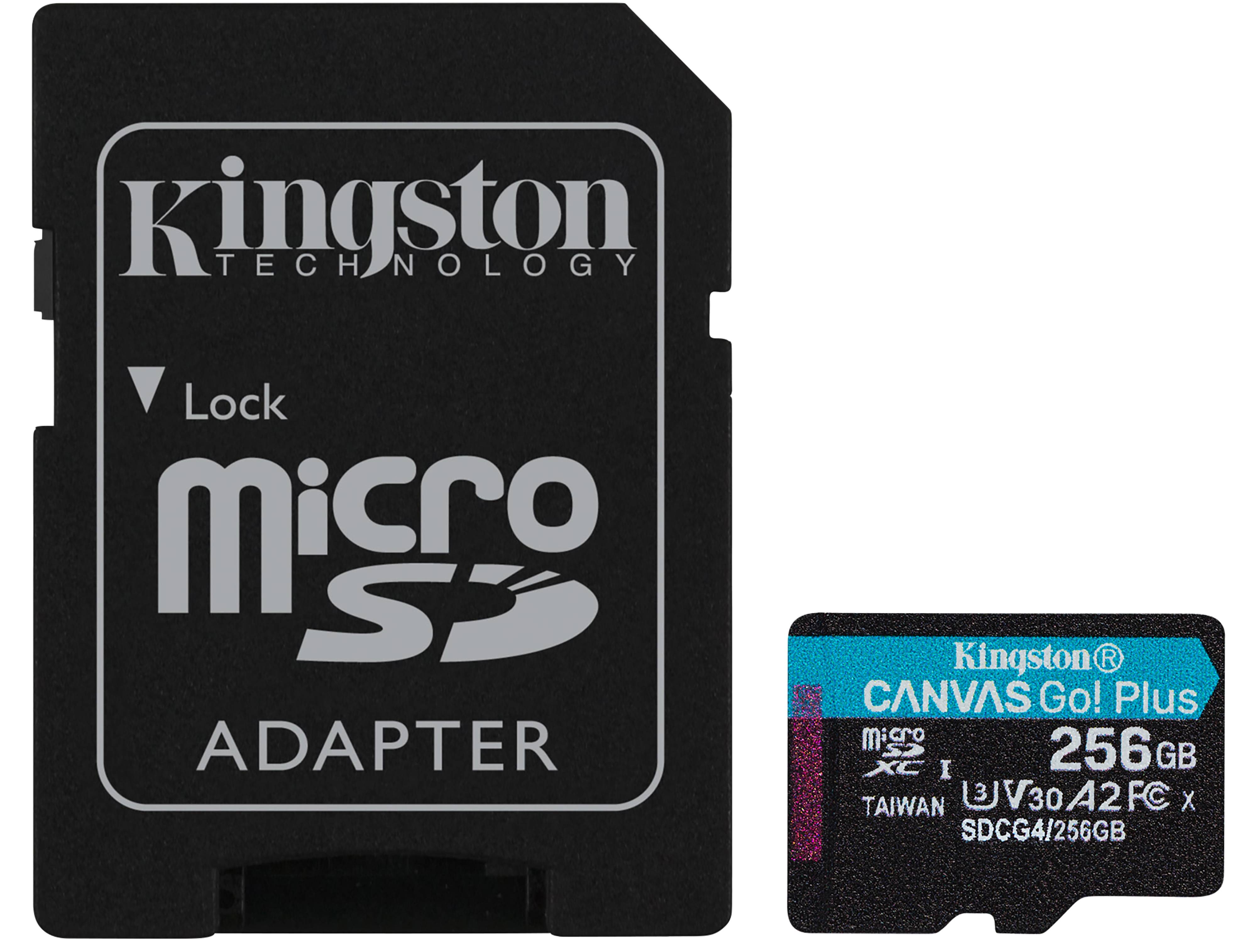 Kingston Technology 256GB microSDXC Canvas Go Plus Gen4 200 MB/s A2 U3 V30-Karte + Adapter, 256 GB, MicroSD, Klasse 10, UHS-I, 200 MB/s, 160 MB/s
