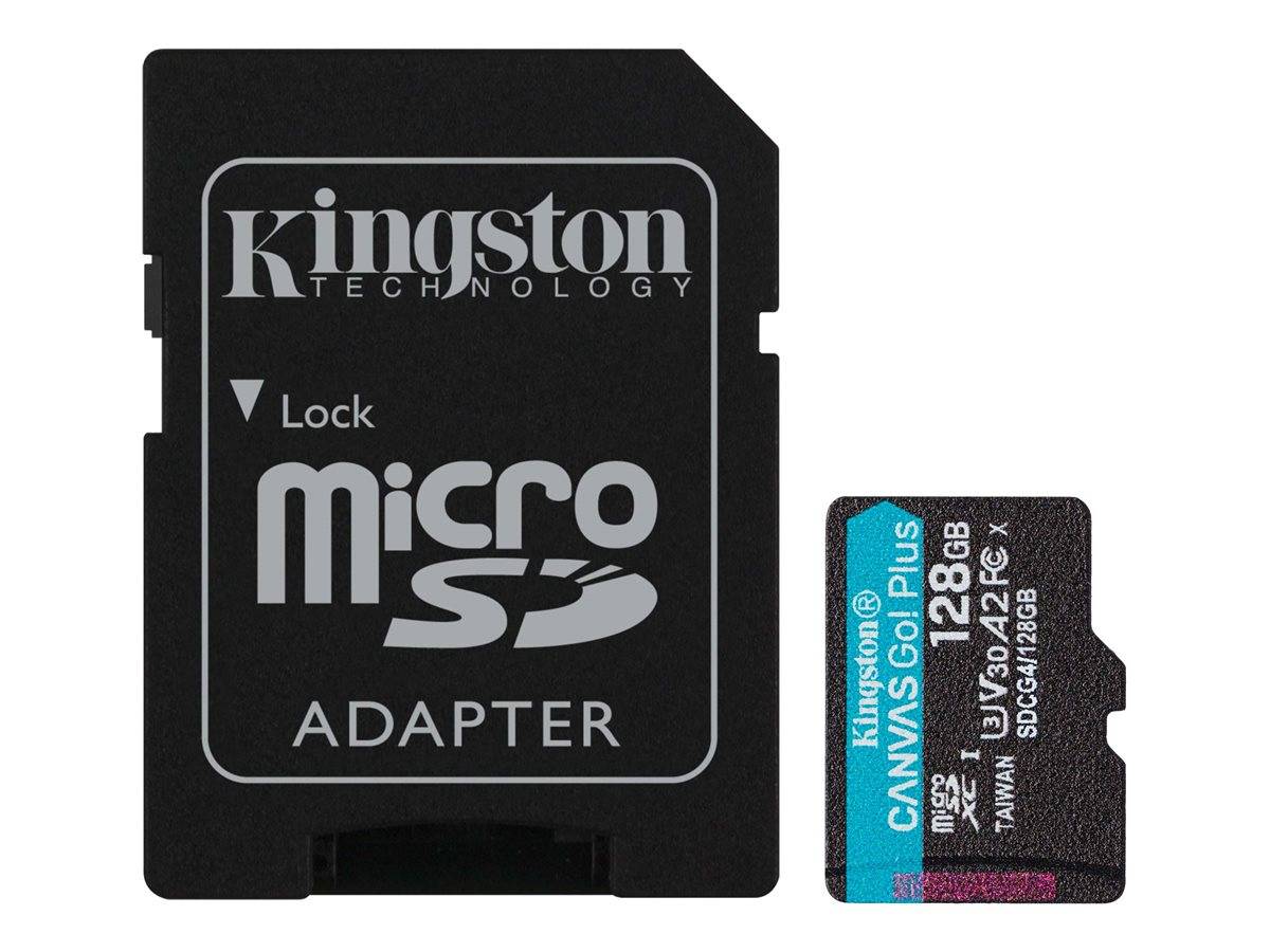 Kingston microSD-Kartenstecker und eine 128 GB Kingston Canvas Go! Plus microSD-Karte nebeneinander auf weißem Hintergrund dargestellt.