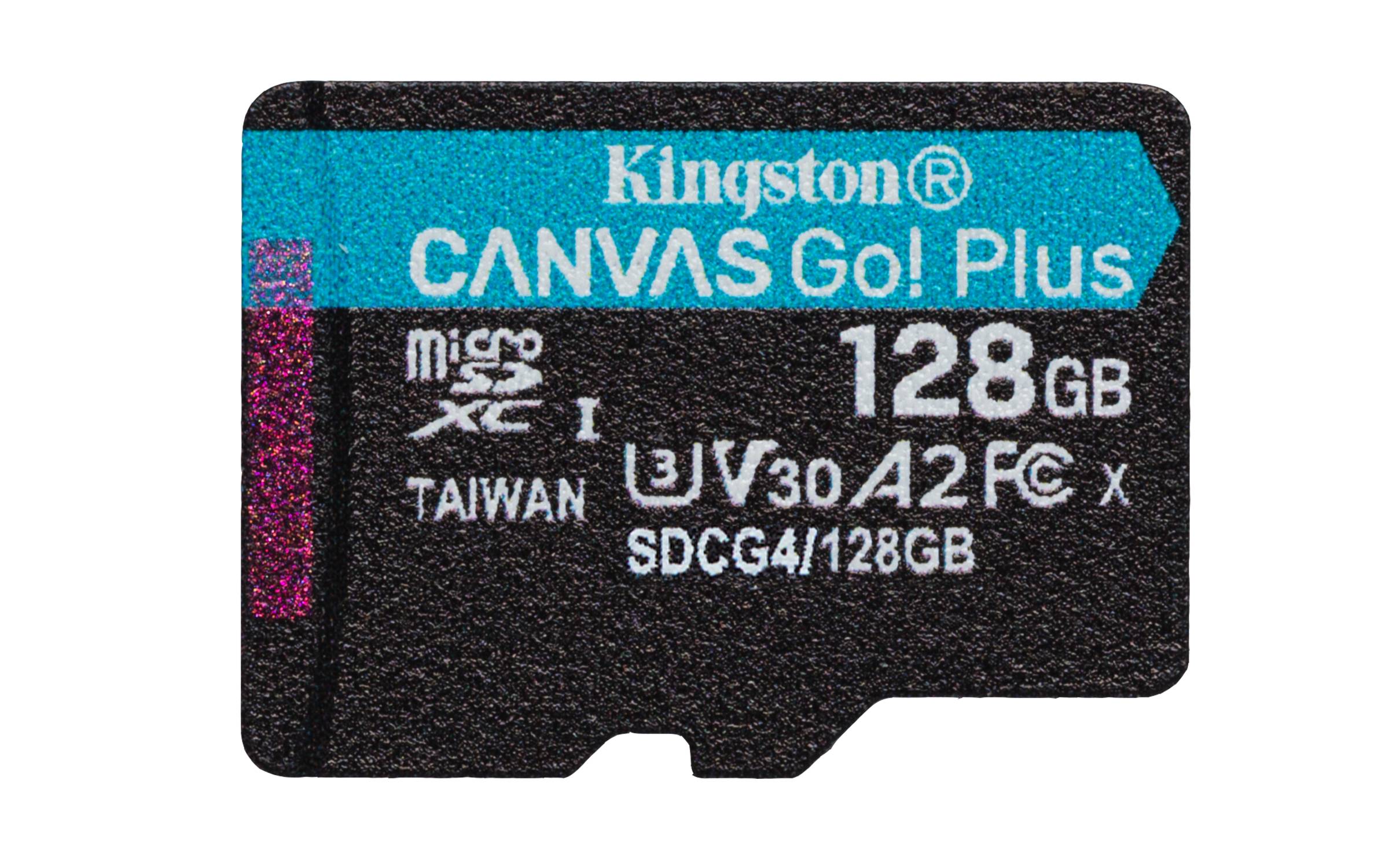 Nahaufnahme einer Kingston Canvas Go! Plus 128GB microSD-Karte mit U3-, V30- und A2-Geschwindigkeitseinstufungen.