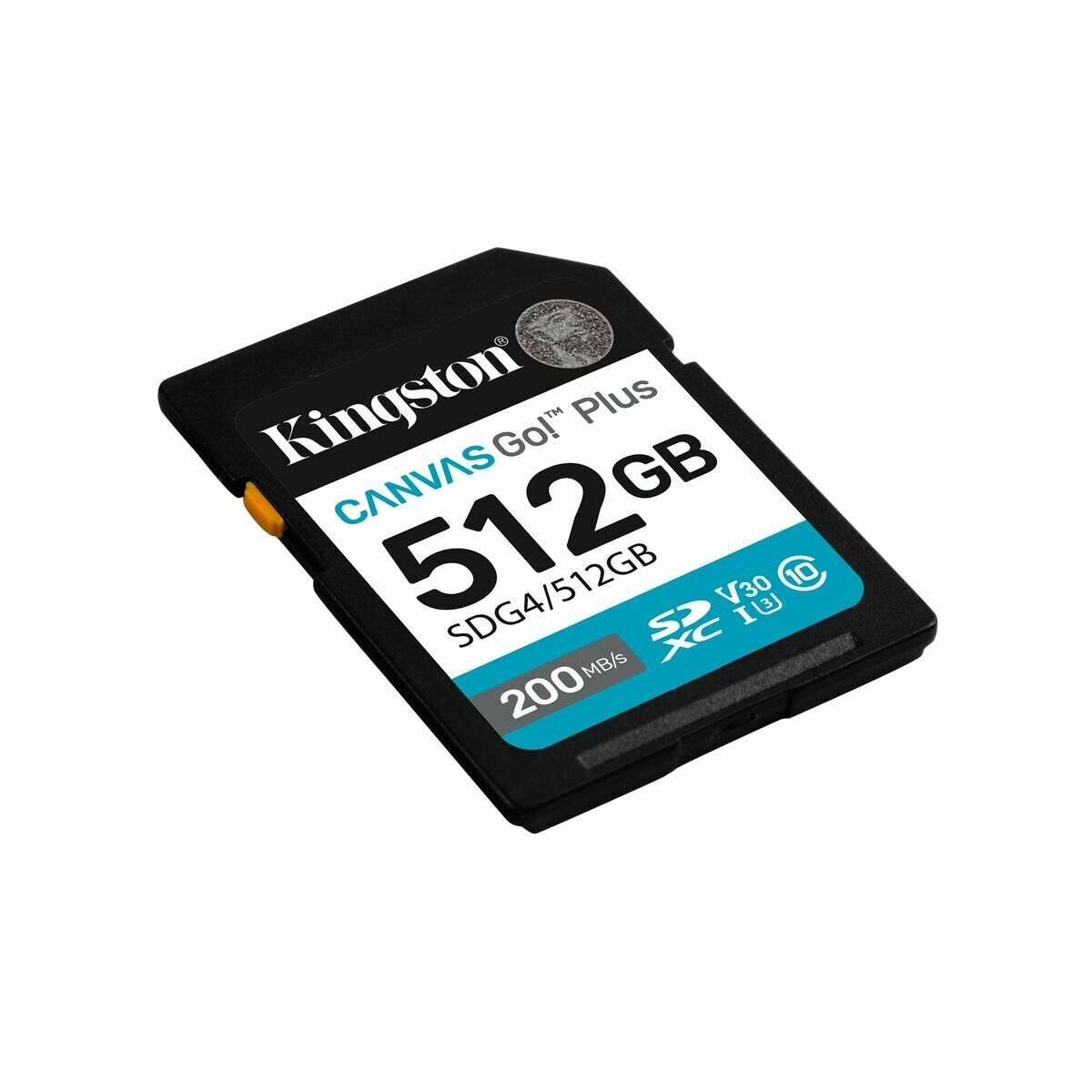 Kingston Canvas Go! Plus 512GB SD-Speicherkarte auf weißem Hintergrund dargestellt.