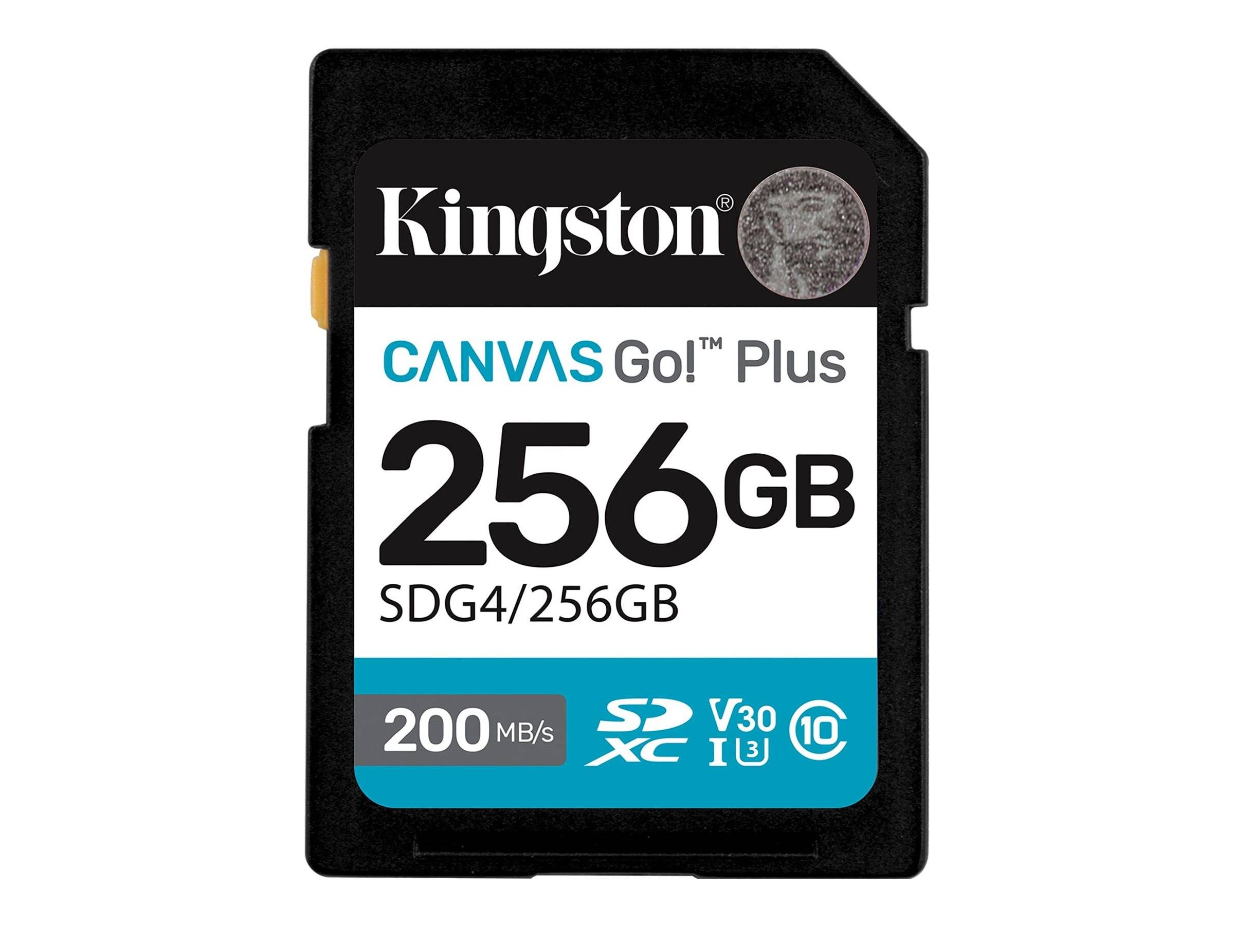 Kingston Canvas Go! Plus SD-Karte, 256 GB, Geschwindigkeit bis zu 200 MB/s, U3, V30, Klasse 10, geeignet für Fotografie und Videoaufnahmen.