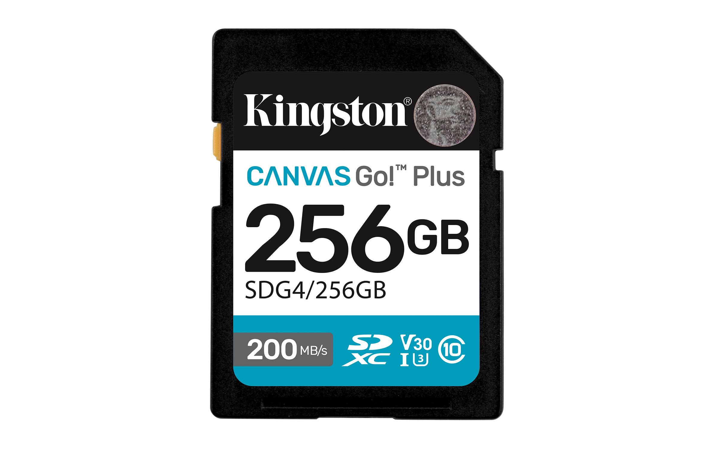 Kingston Canvas Go! Plus 256GB SDXC-Speicherkarte, bewertet mit 200 MB/s und V30/U3, in Vorderansicht.