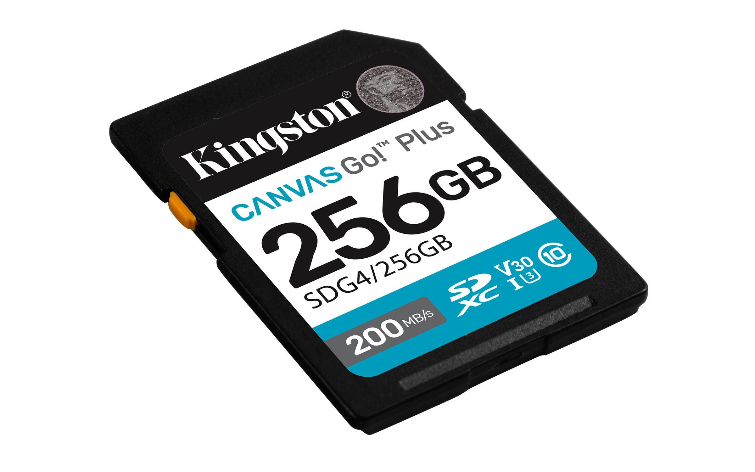 Kingston Canvas Go! Plus 256GB SD-Speicherkarte auf schwarzem Hintergrund.