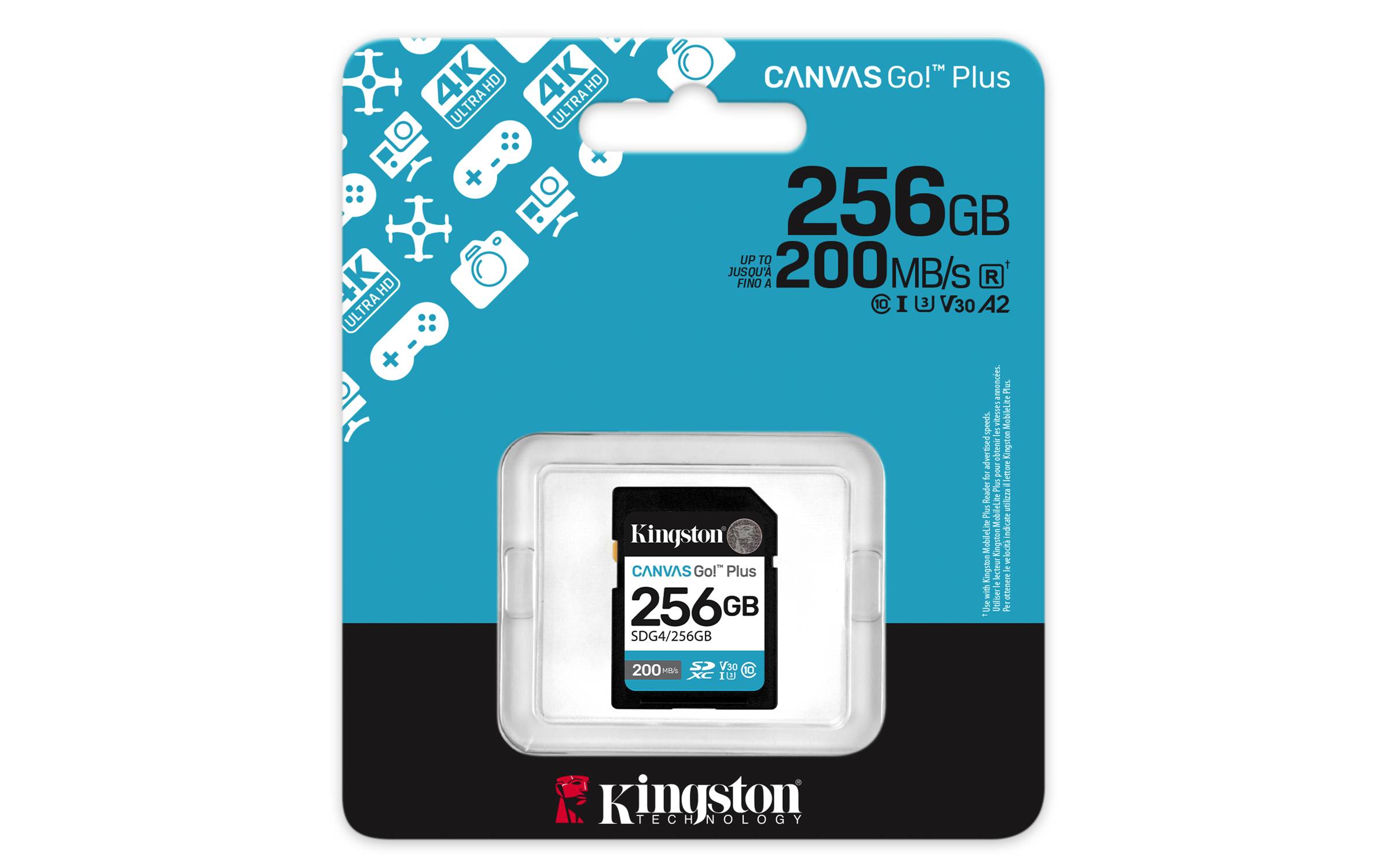 Kingston Canvas Go! Plus 256GB SD-Karte im Paket, mit der Kennzeichnung 200MB/s und U3/V30 A2, in einer transparenten Kunststoffhülle dargestellt.
