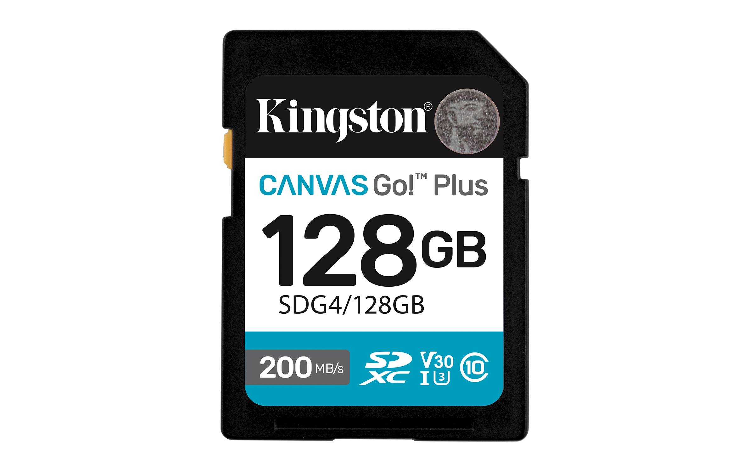 Kingston Canvas Go! Plus 128GB SD-Karte mit Geschwindigkeitseinstufung von 200 MB/s und U3/V30-Kennzeichnungen.