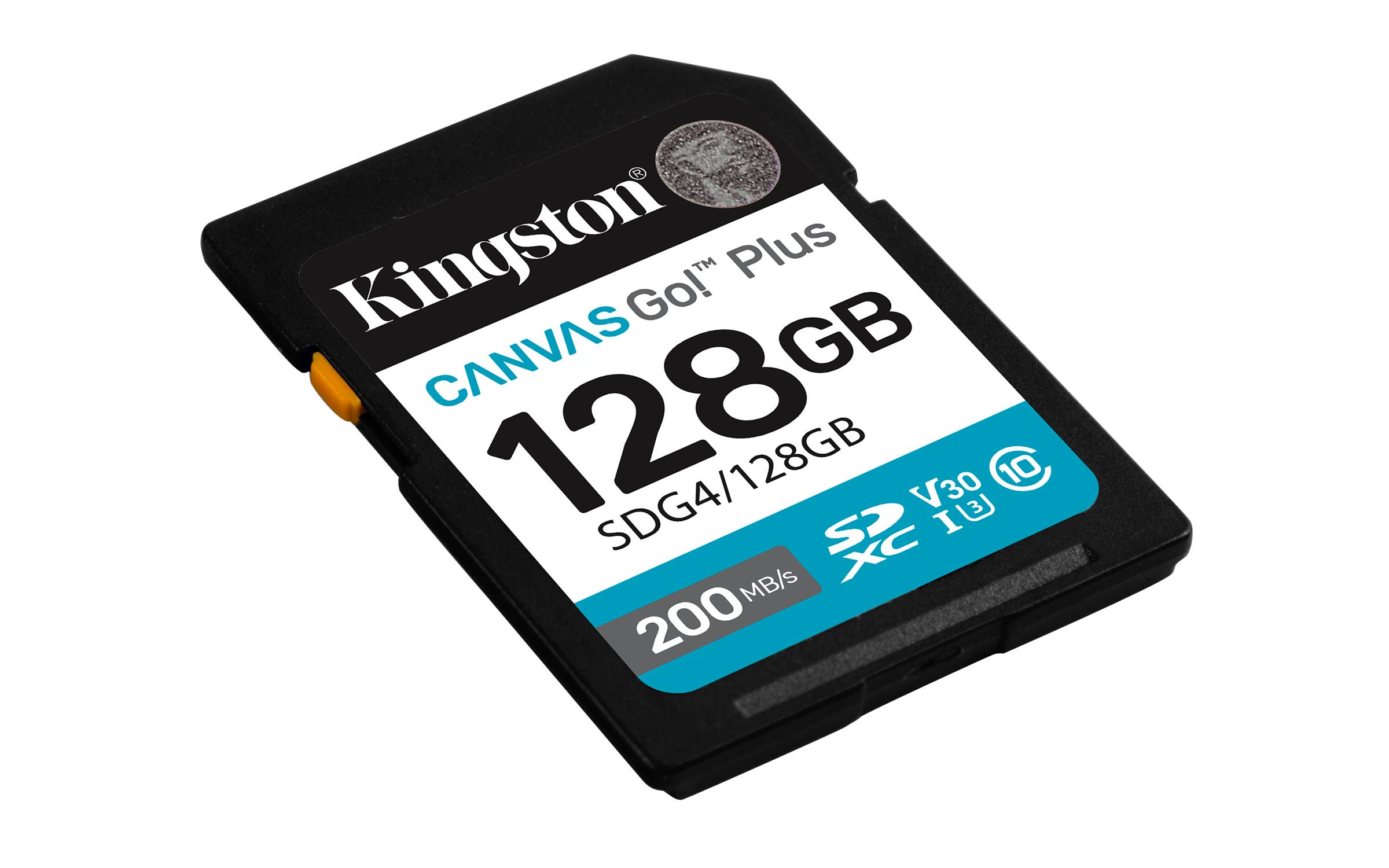 Kingston Canvas Go! Plus 128GB SD-Speicherkarte auf schwarzem Hintergrund dargestellt.