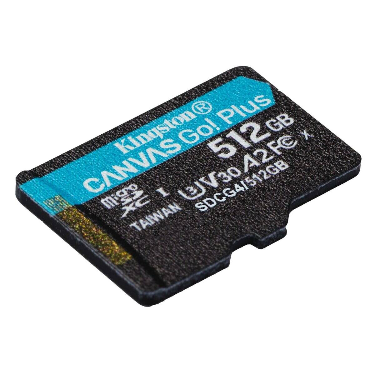 Kingston Canvas Go! Plus 512 GB SDXC-Speicherkarte, isoliert auf weißem Hintergrund dargestellt.