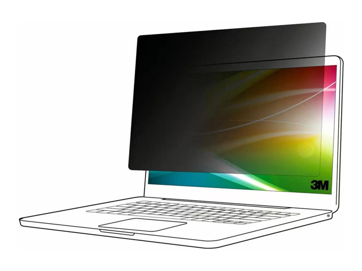 Laptop mit einem dunklen Datenschutzbildschirmfilter über dem Display, das die Sichtbarkeit von der Seite reduziert; 3M-Logo auf dem Displayschutz.