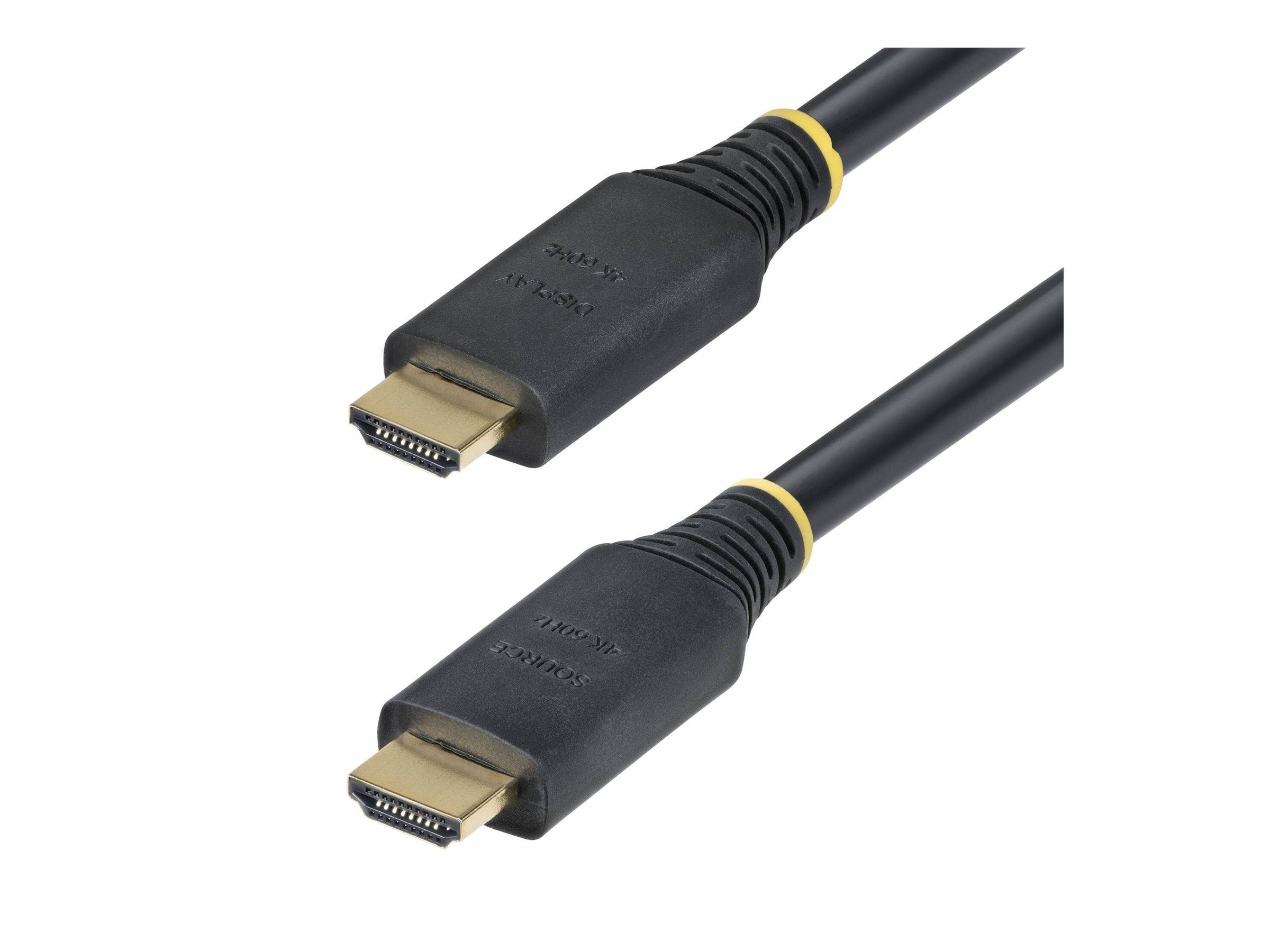 Zwei schwarze HDMI-Kabel mit vergoldeten Anschlüssen und gelben Bändern nahe den Enden, parallel zueinander positioniert.