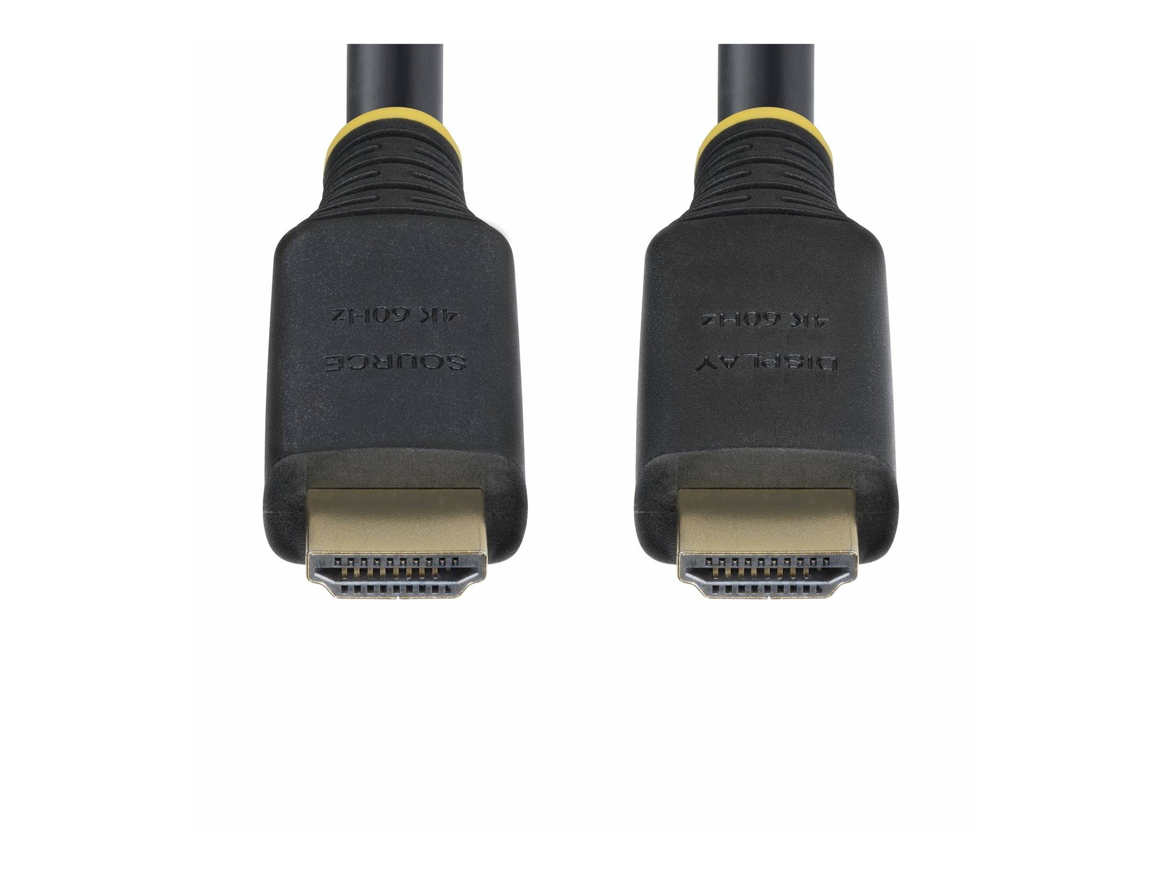 Zwei HDMI-Kabel mit schwarzen Anschlüssen und gelben Akzenten, die nebeneinander positioniert sind und das Anschlussende zeigen.