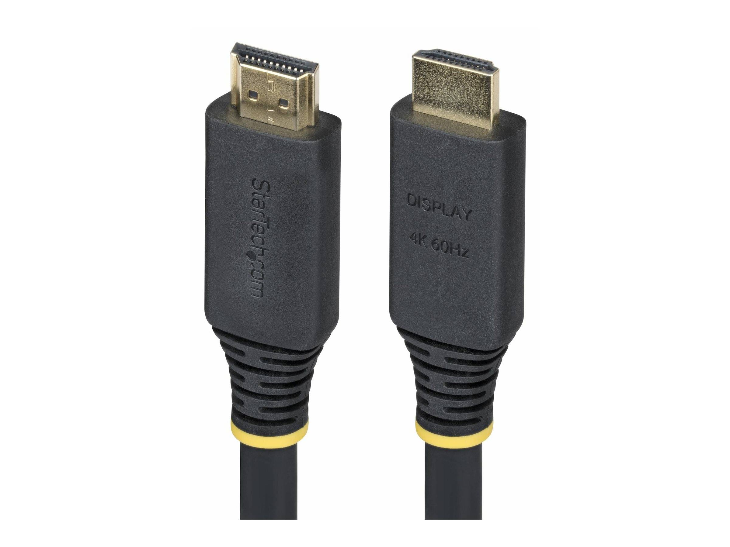 Ein HDMI-Kabel mit zwei vergrößerten Steckerenden, eines mit der Aufschrift StarTech.com und das andere mit der Aufschrift „DISPLAY 4K 60Hz