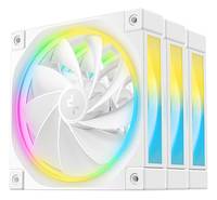 Weißer RGB-Computer-Kühlventilator mit regenbogenfarbig beleuchteten Ring und drei vertikalen Leuchtbalken auf einem quadratischen Gehäusepaneel.