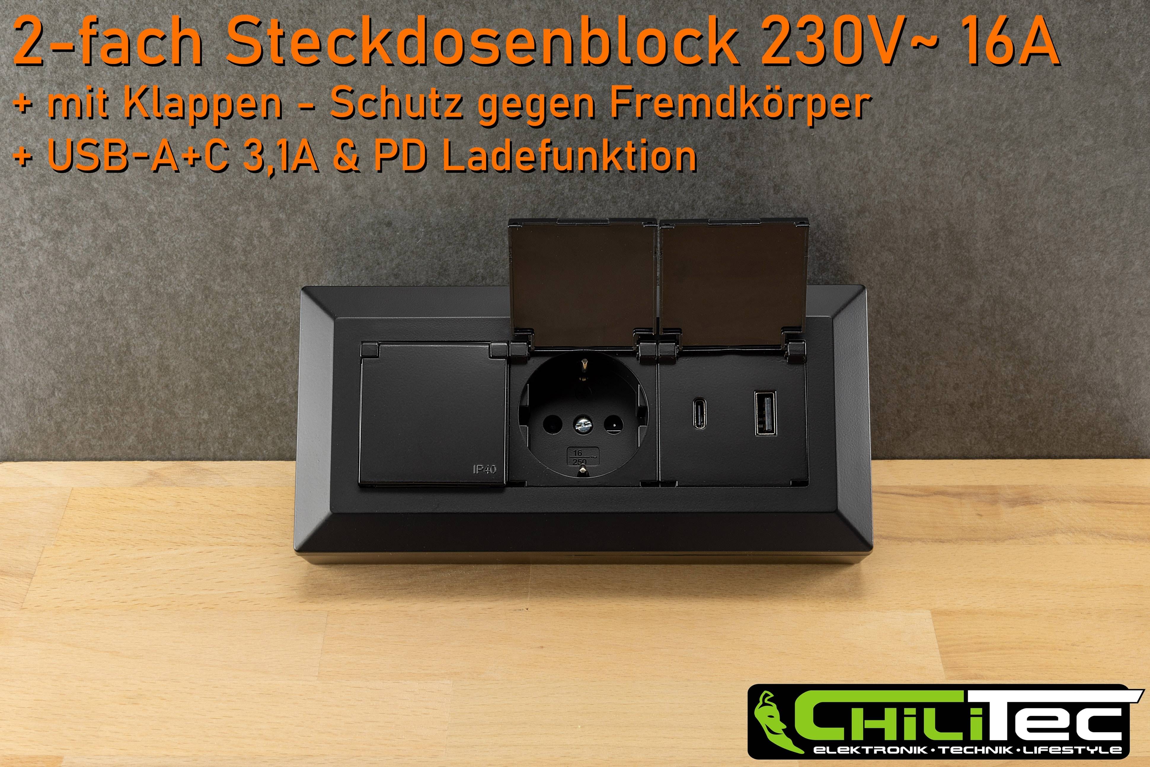 Steckdosenblock mit deutschem Steckdosentyp, zwei USB-Anschlüssen und einem USB-C-Anschluss. Text: 