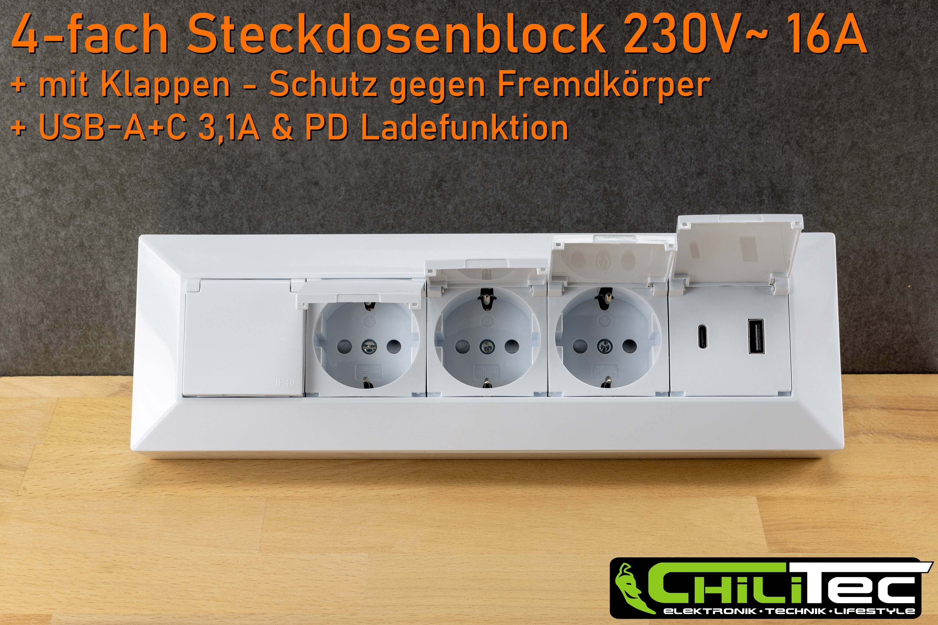 Ein Steckdosenblock 230V mit USB-C, 3,1A und PD-Ladung auf einer Holzoberfläche, umfasst drei Steckdosen mit Schutzabdeckungen.