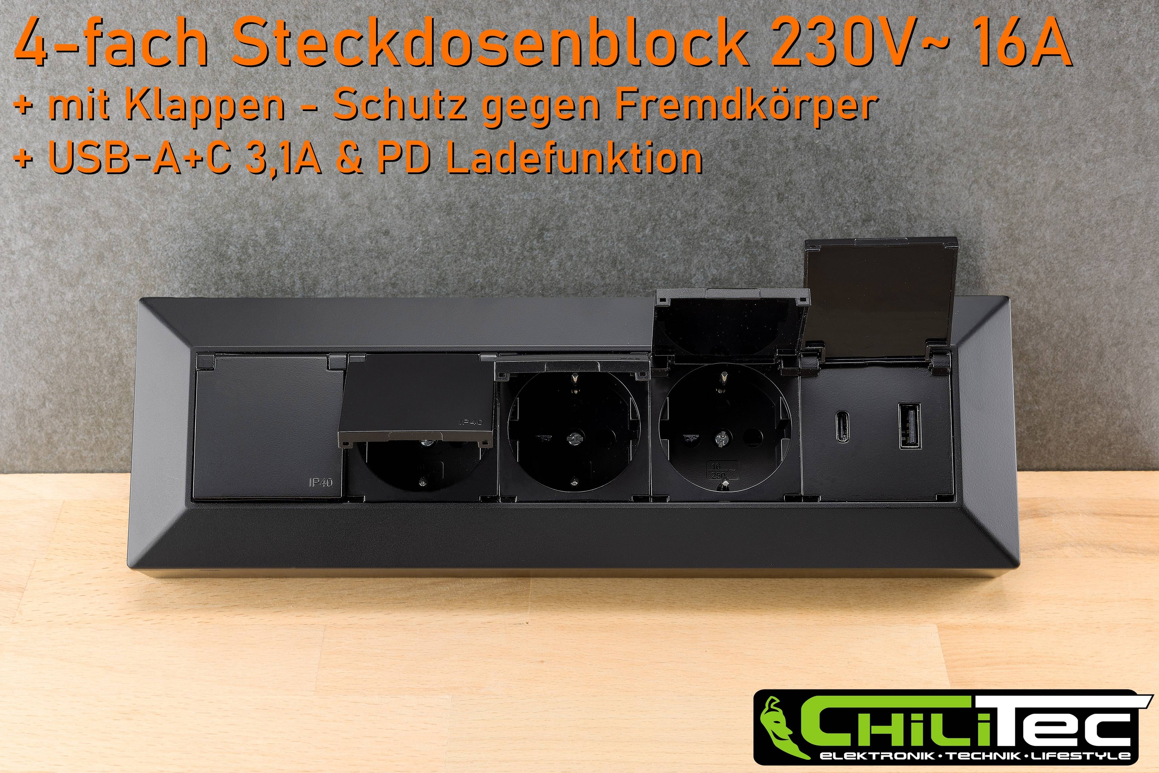 3x Steckdosenblock 230V~ mit drei Steckdosen inklusive geschützter Anschlüsse und Ladefunktion.