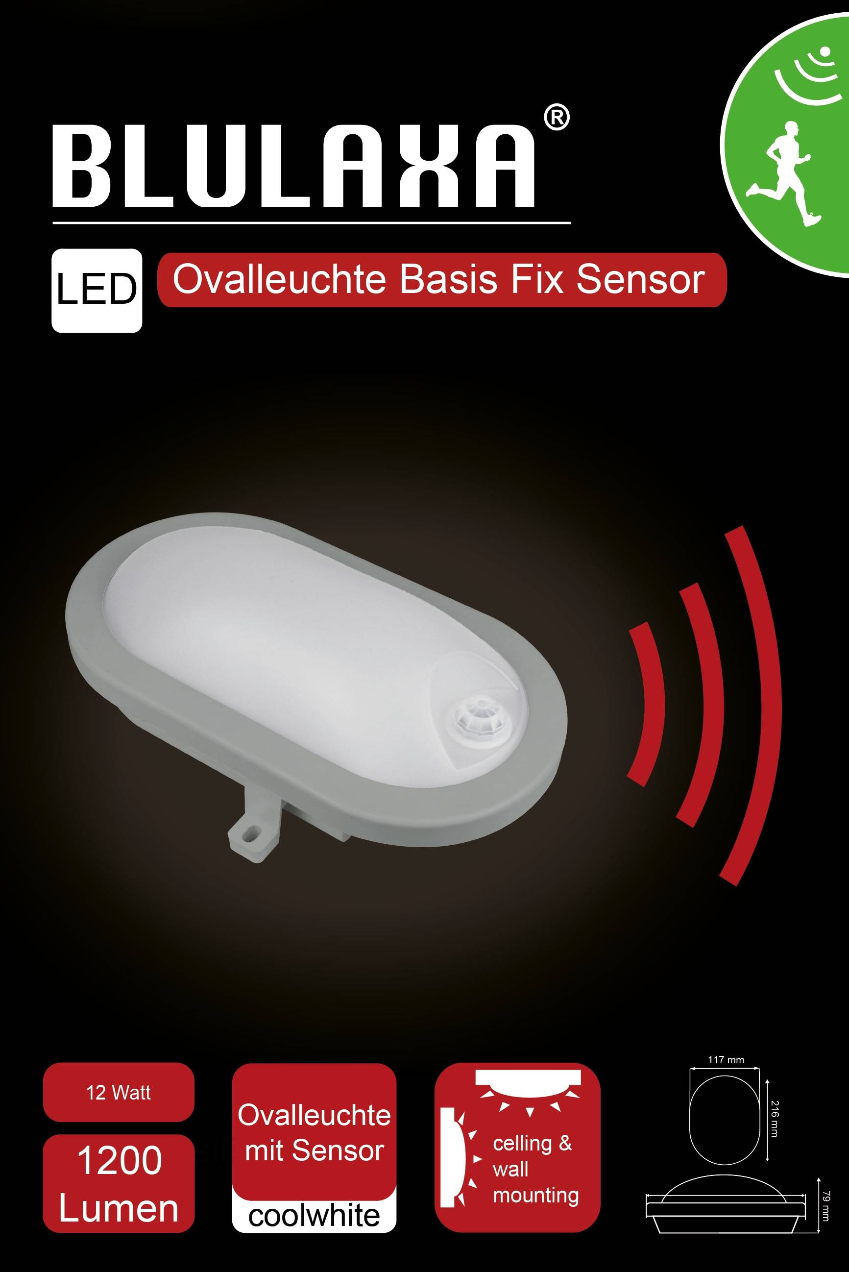 BLULAXA LED-Oval-Leuchte Basis Fix, IR-Sensor, 12W, 1200lm, 4000K, IP54
