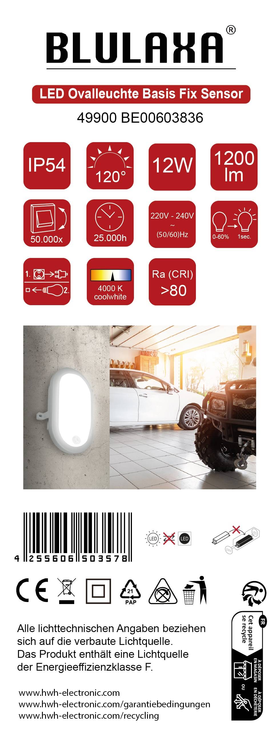 BLULAXA LED-Oval-Leuchte Basis Fix, IR-Sensor, 12W, 1200lm, 4000K, IP54