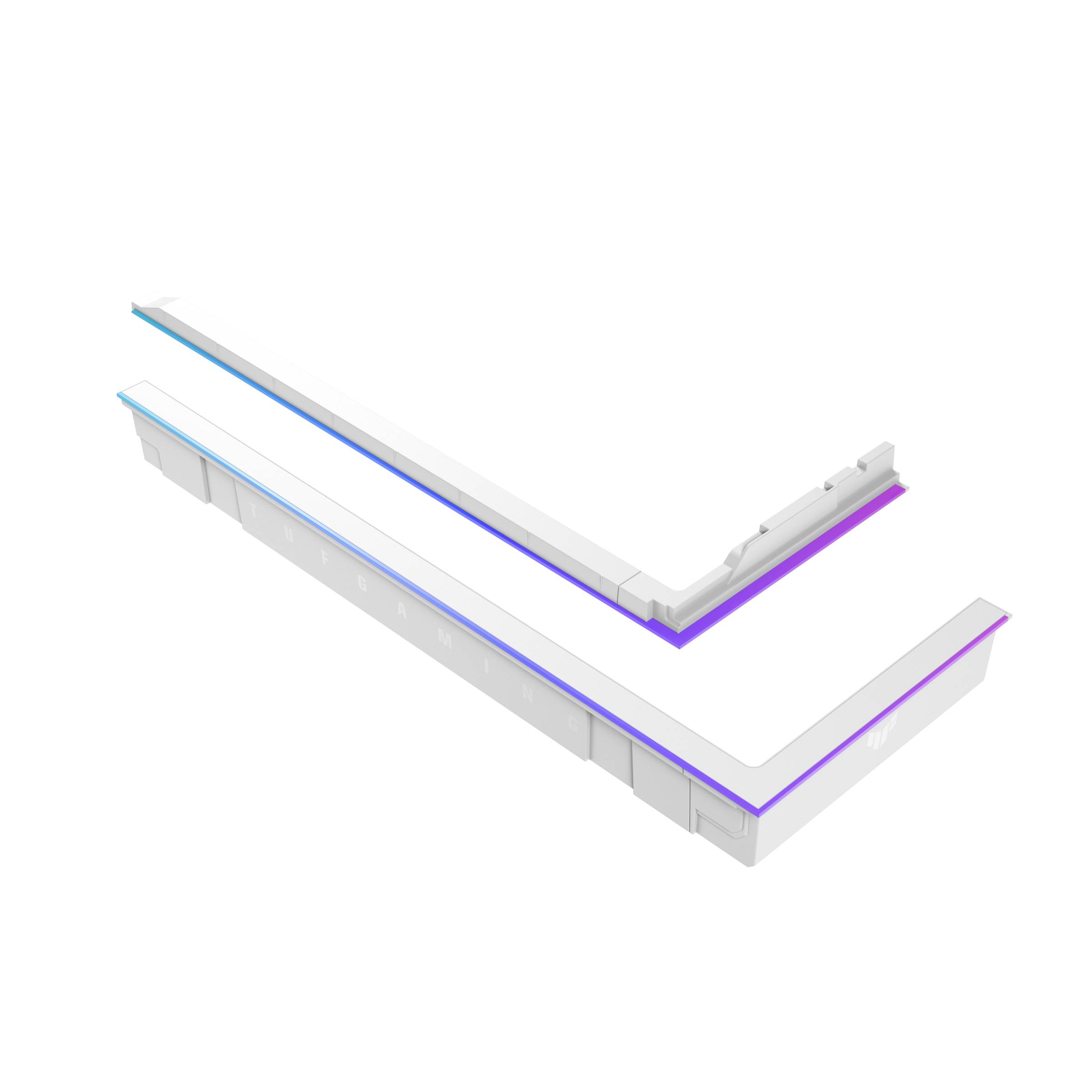 Zwei weiße L-förmige LED-Lichtkanäle oder Zierleisten diagonal auf schwarzem Hintergrund angeordnet, eine kürzere über der anderen.