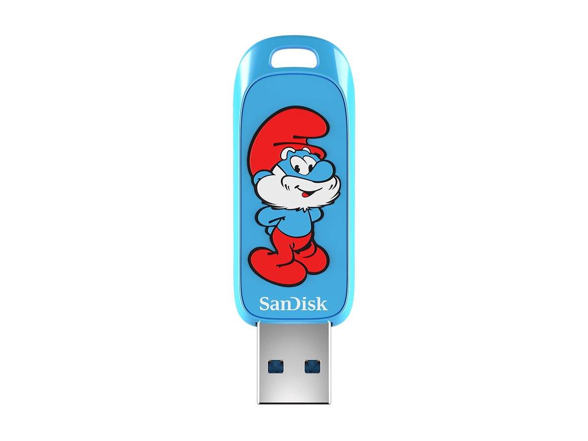 Eine Cartoon-Figur in Rot und Blau, die einem Gnom ähnelt, ist auf einem blauen USB-Laufwerk gedruckt, unter der Figur befindet sich der Markenname 'SanDisk'.