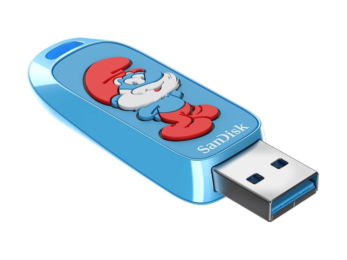 Ein blauer SanDisk USB-Stick mit einer Zeichentrickfigur in Rot und Blau mit einem weißen Bart auf seiner Oberfläche.