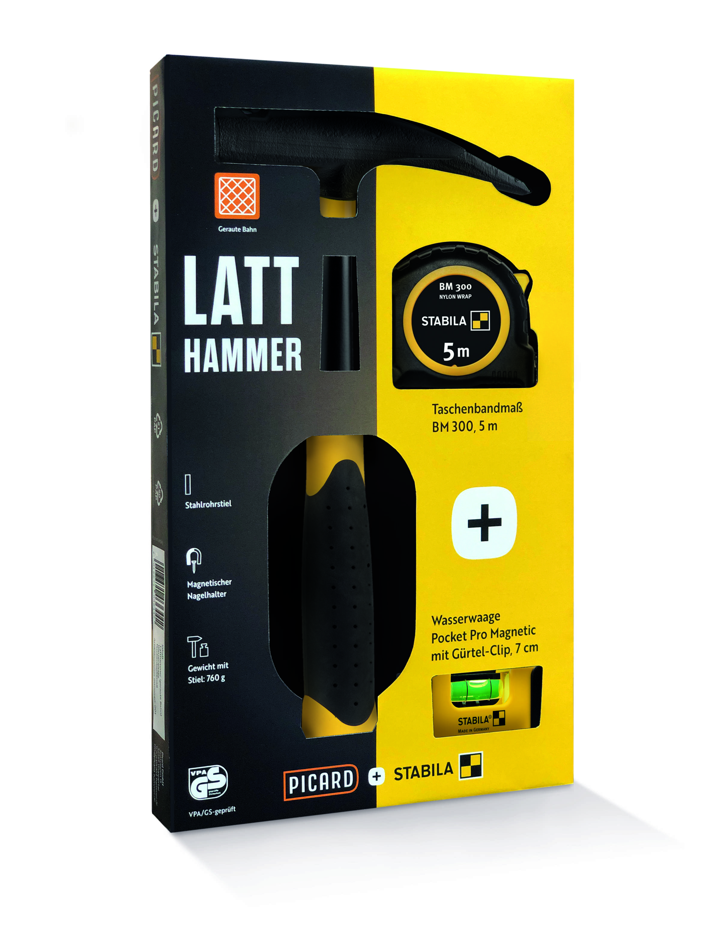 PICARD X STABILA Box Latthammer 620M + Taschenbandmaß BM300 5m + Mini-Wasserwaage Pocket PRO