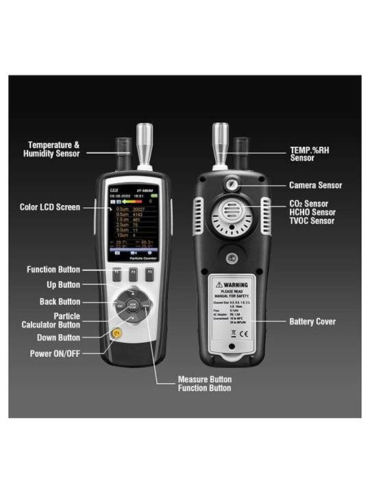 CEM DT-9880M Partikelzähler für die Industrie, mit Lufttemperatur- und Luftfeuchtigkeitsmessung. Datenexport und -analyse