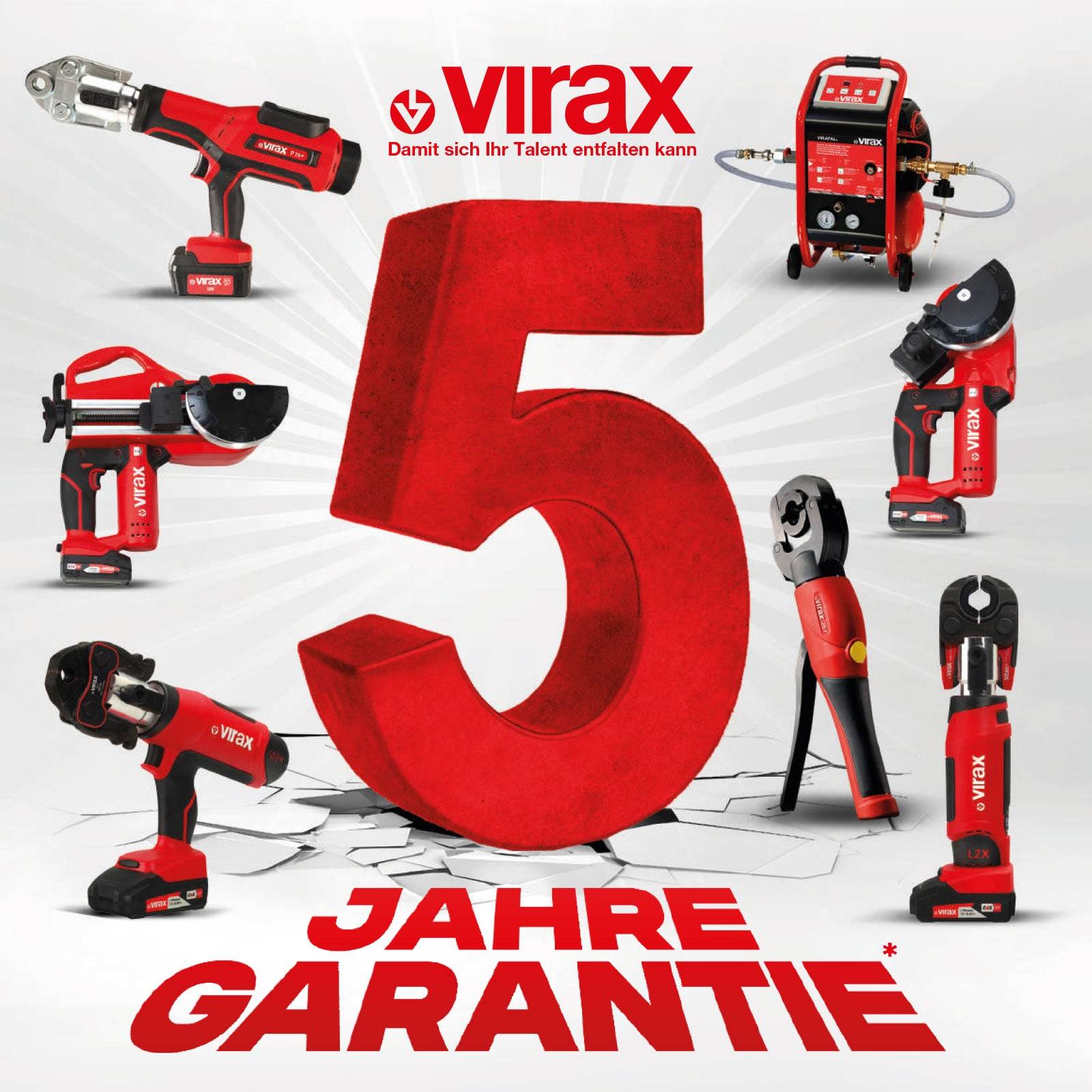 Virax' Werkzeuge umgeben eine große rote Nummer '5', mit dem Text 'Jahre Garantie'. Verschiedene Werkzeuge sind um die Nummer herum dargestellt.