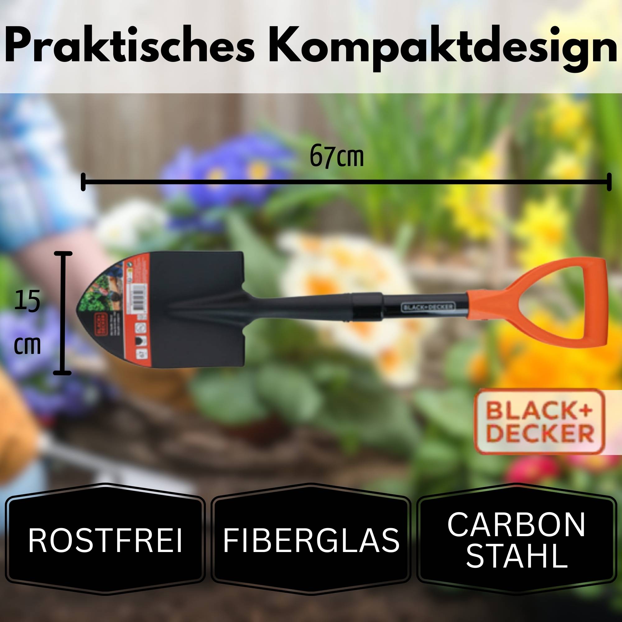 BLACK+DECKER Schaufel 67cm klein Rostfrei 800g Spaten Mini Fiberglas Karbonstahl