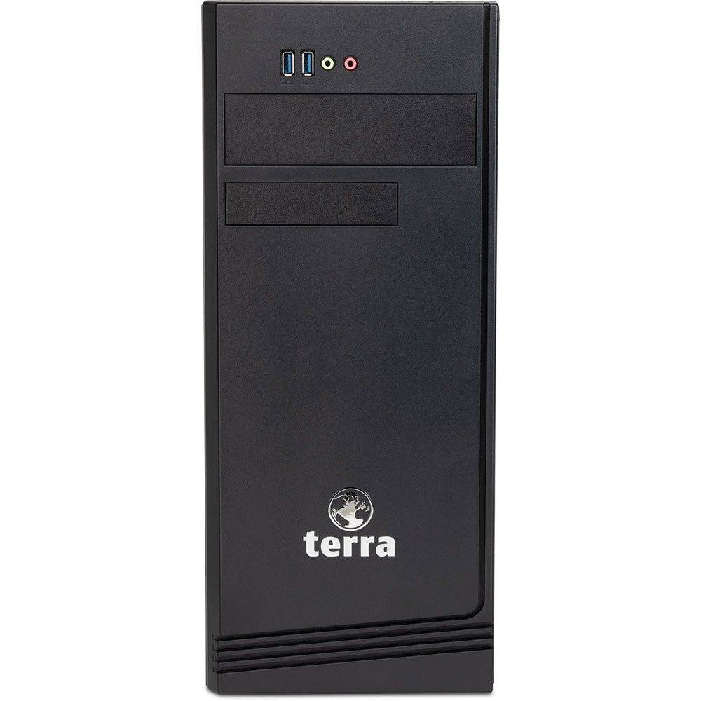 Computergehäuse mit Turm-Design mit USB-Anschlüssen an der Vorderseite und Logo mit der Aufschrift „terra".