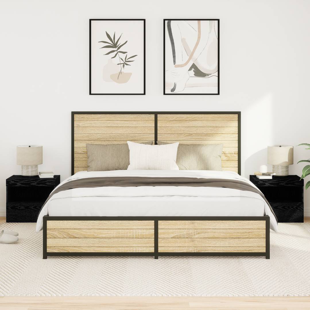 vidaXL Nachttische mit LED-Leuchten 2 Stk. Schwarz Eiche 50x40x45 cm