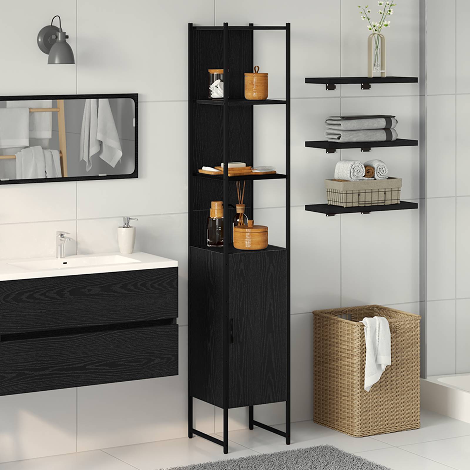 vidaXL Badschrank Schwarz Eiche 33x33x185,5 cm Holzwerkstoff