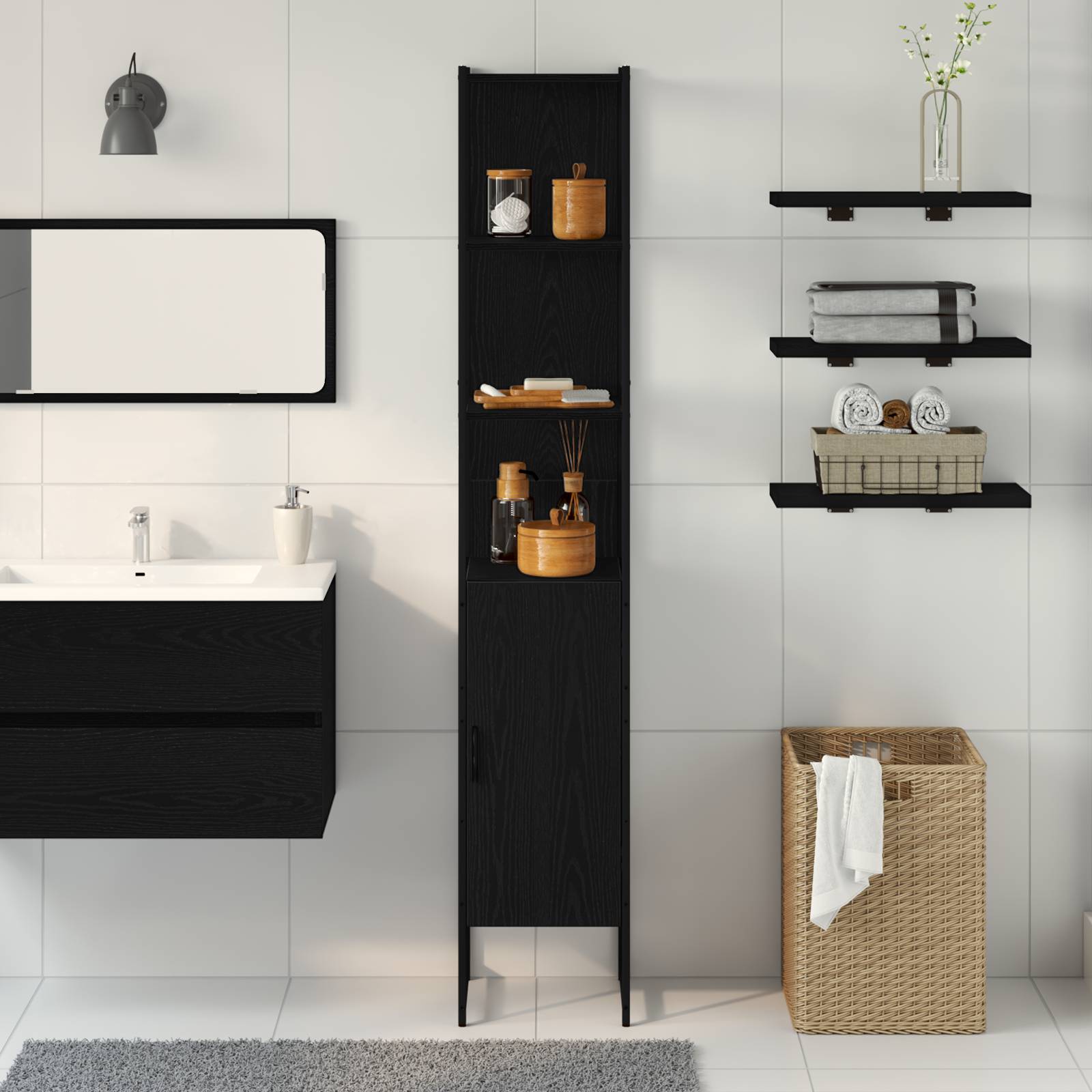 vidaXL Badschrank Schwarz Eiche 33x33x185,5 cm Holzwerkstoff