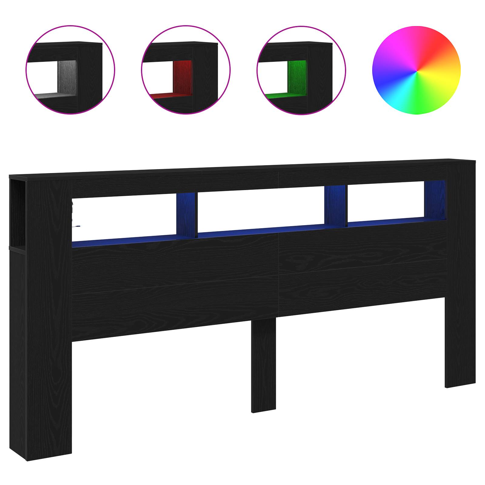 vidaXL LED Kopfteil mit Ablagen Schwarz Eiche 220x18,5x103,5 cm