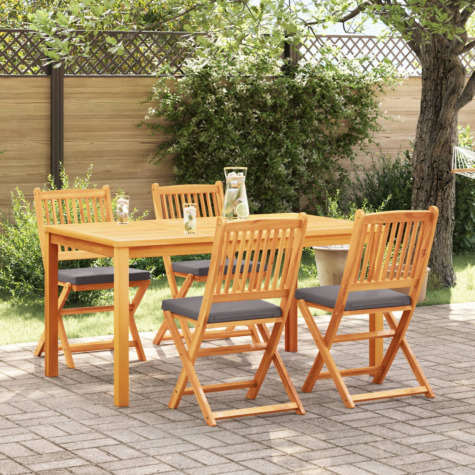 vidaXL Garten-Klappstühle mit Grauen Kissen 4 Stk. Massivholz Akazie