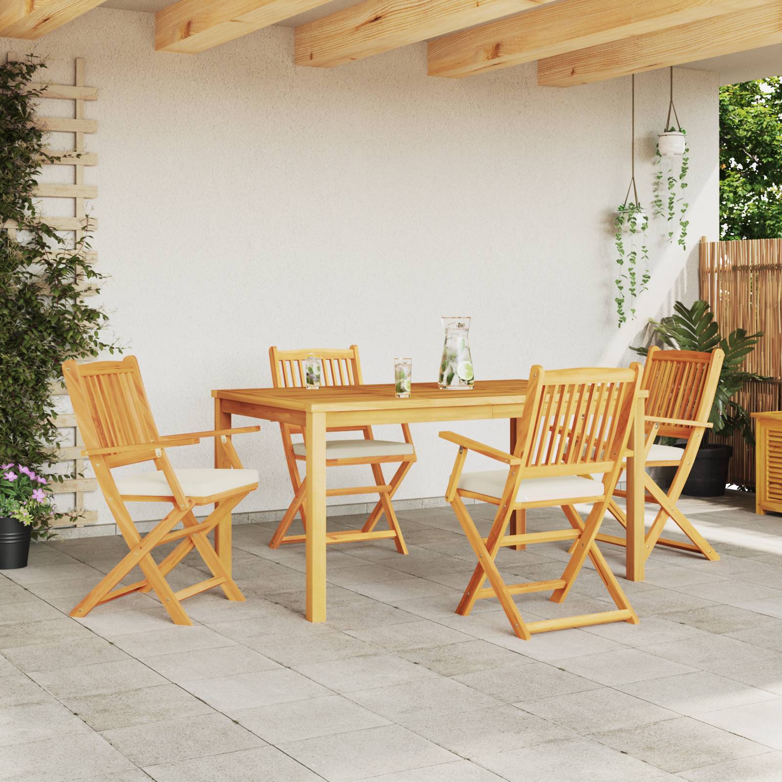vidaXL Garten-Klappstühle mit Weißen Kissen 4 Stk. Massivholz Akazie