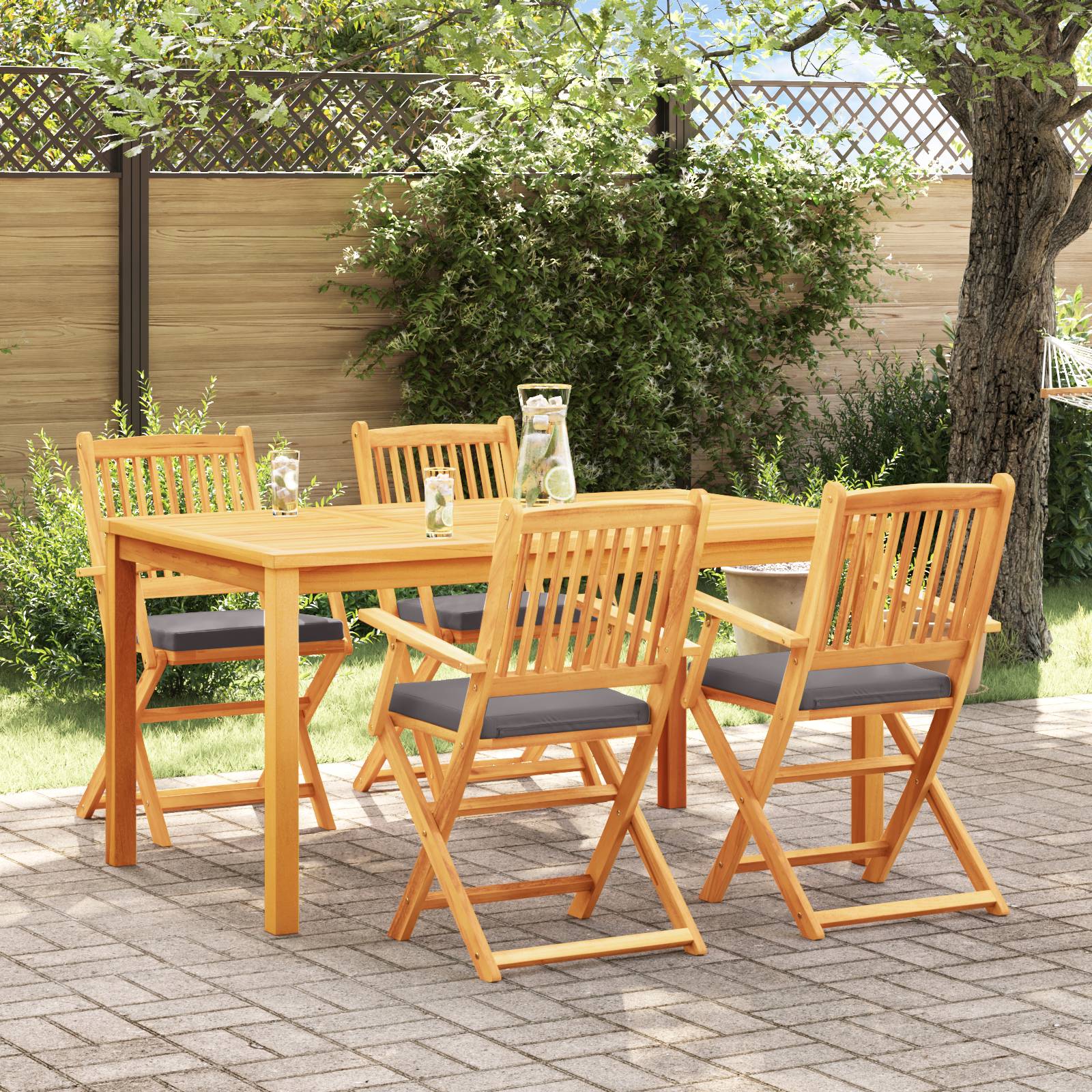 vidaXL Garten-Klappstühle mit Grauen Kissen 4 Stk. Massivholz Akazie