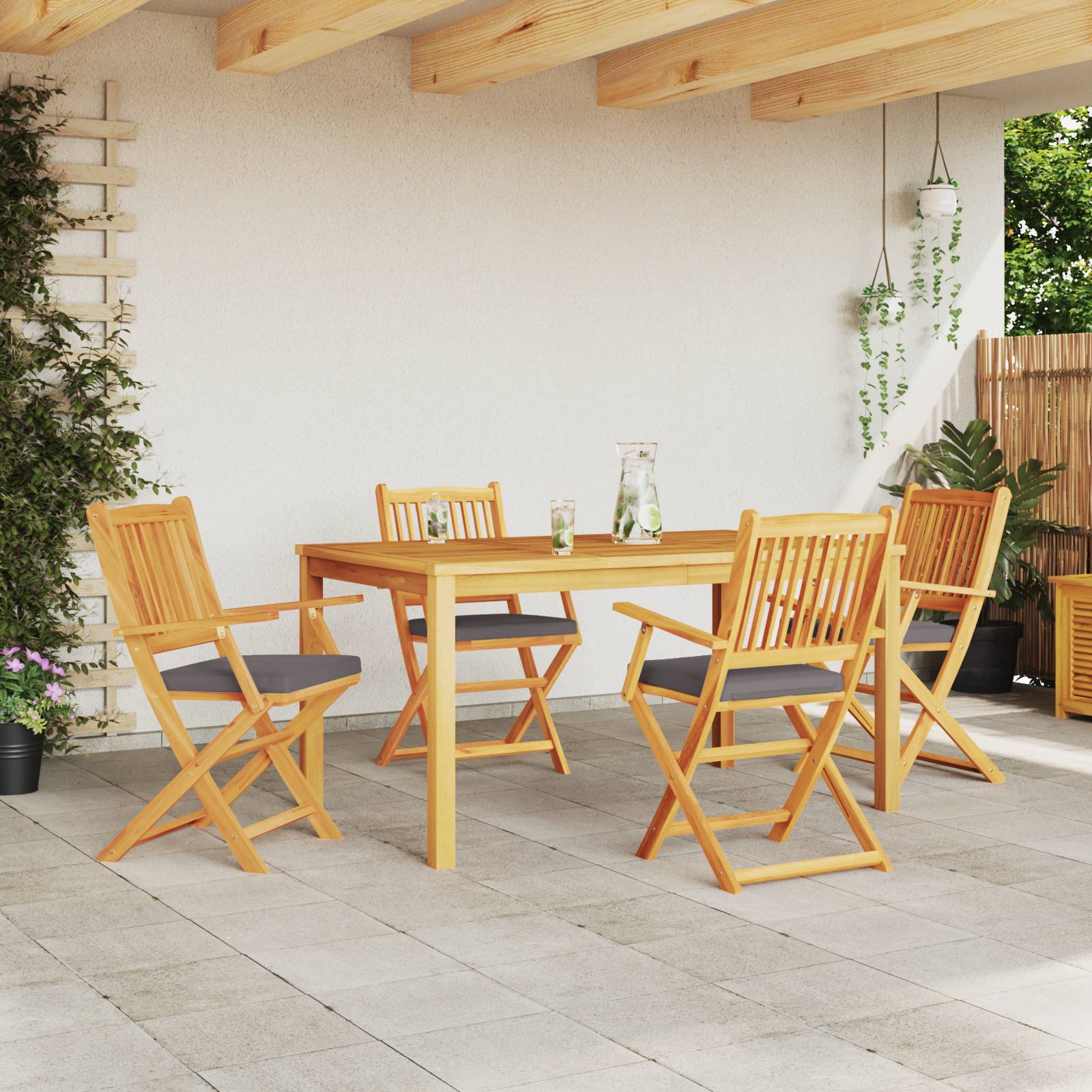 vidaXL Garten-Klappstühle mit Grauen Kissen 4 Stk. Massivholz Akazie