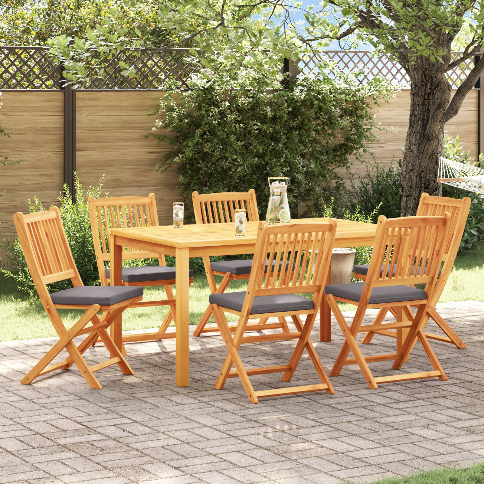 vidaXL Garten-Klappstühle mit Grauen Kissen 6 Stk. Massivholz Akazie
