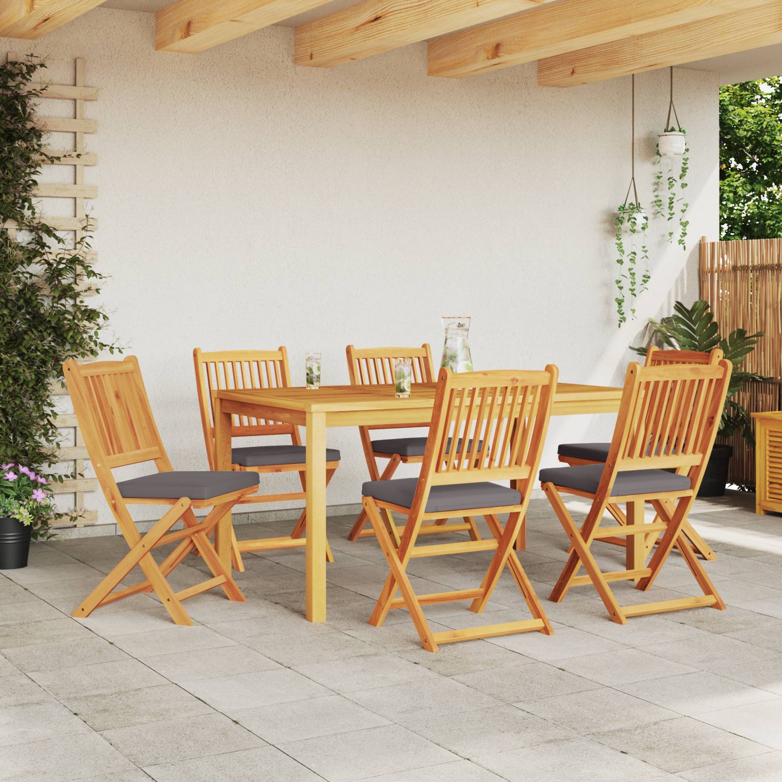 vidaXL Garten-Klappstühle mit Grauen Kissen 6 Stk. Massivholz Akazie
