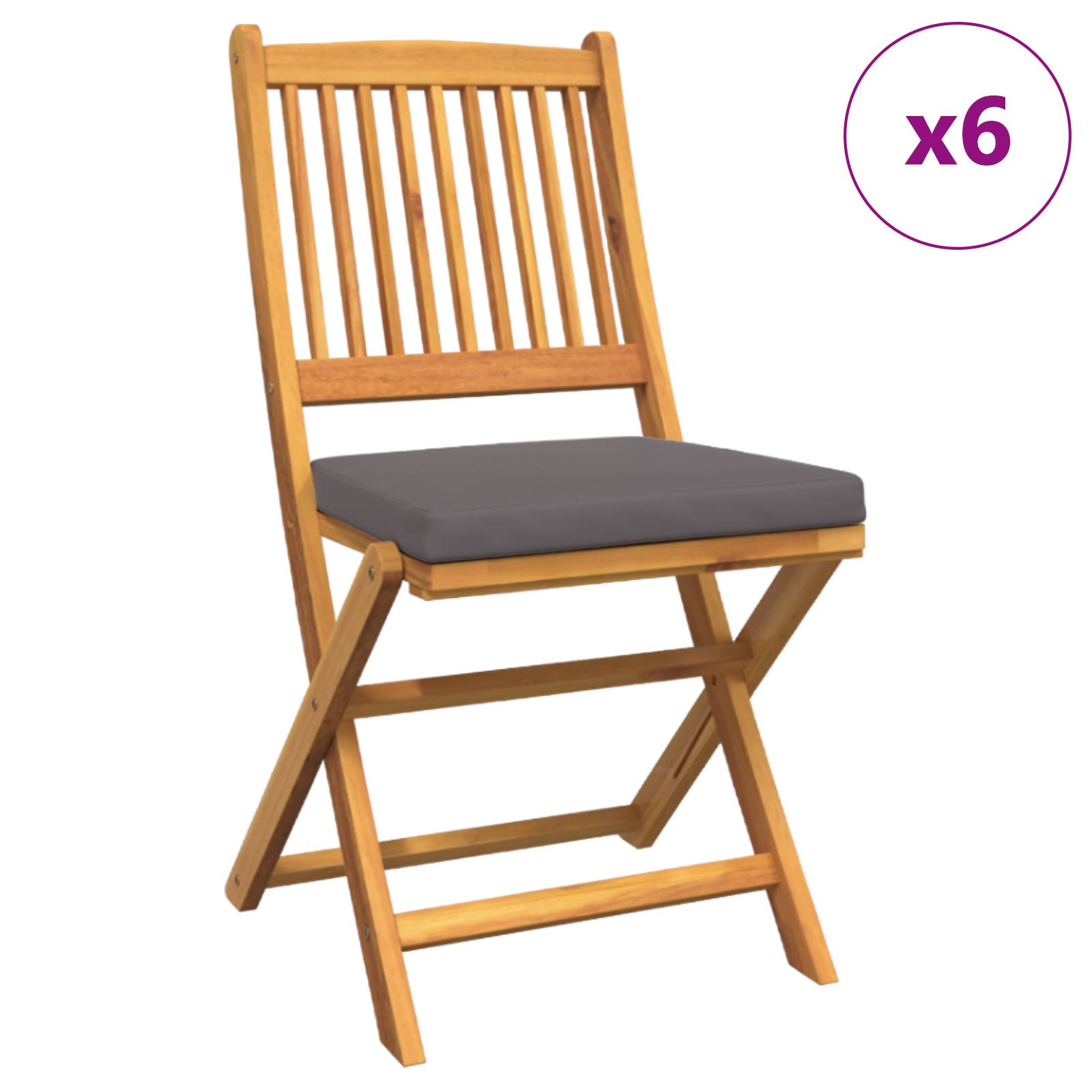 vidaXL Garten-Klappstühle mit Grauen Kissen 6 Stk. Massivholz Akazie