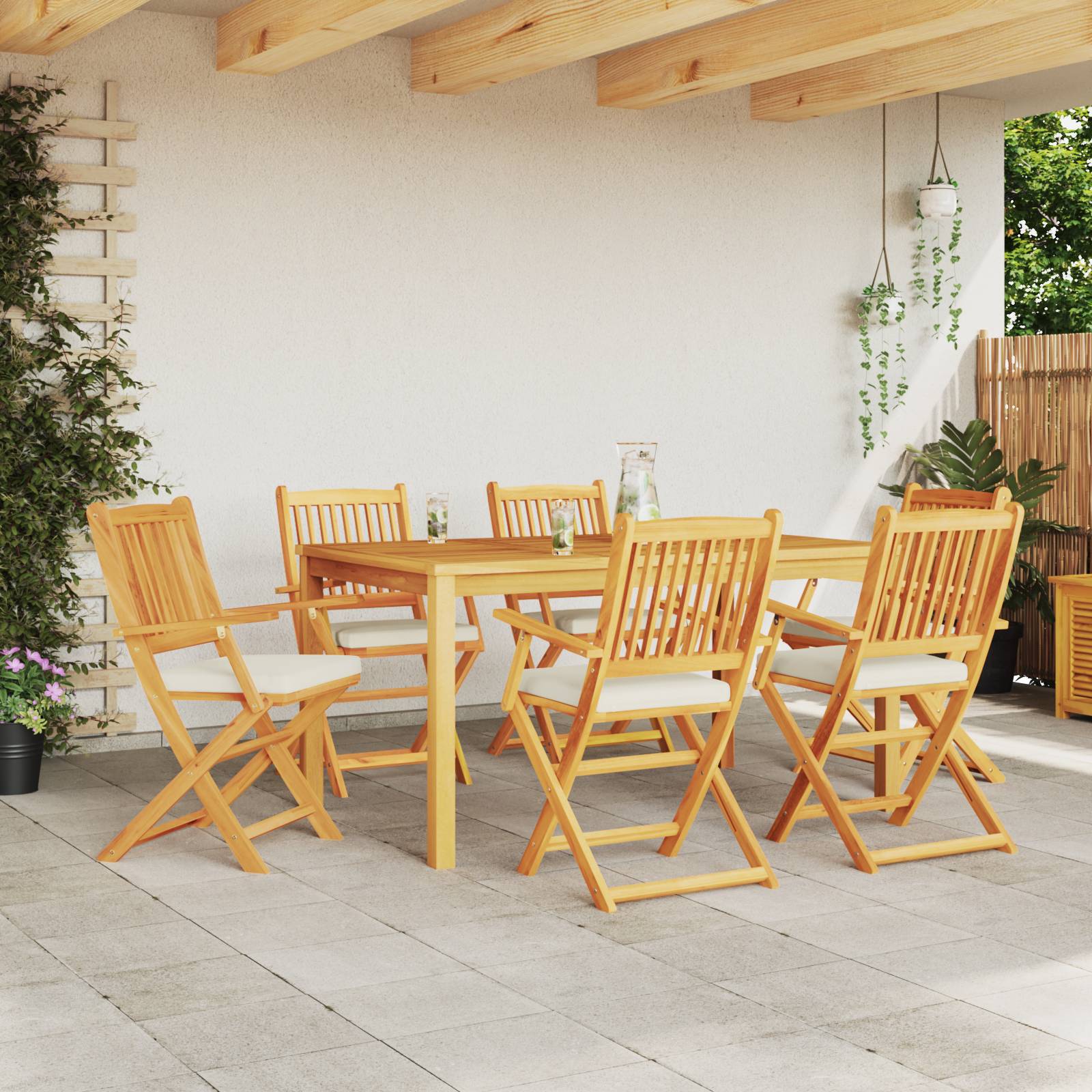 vidaXL Garten-Klappstühle mit Weißen Kissen 6 Stk. Massivholz Akazie