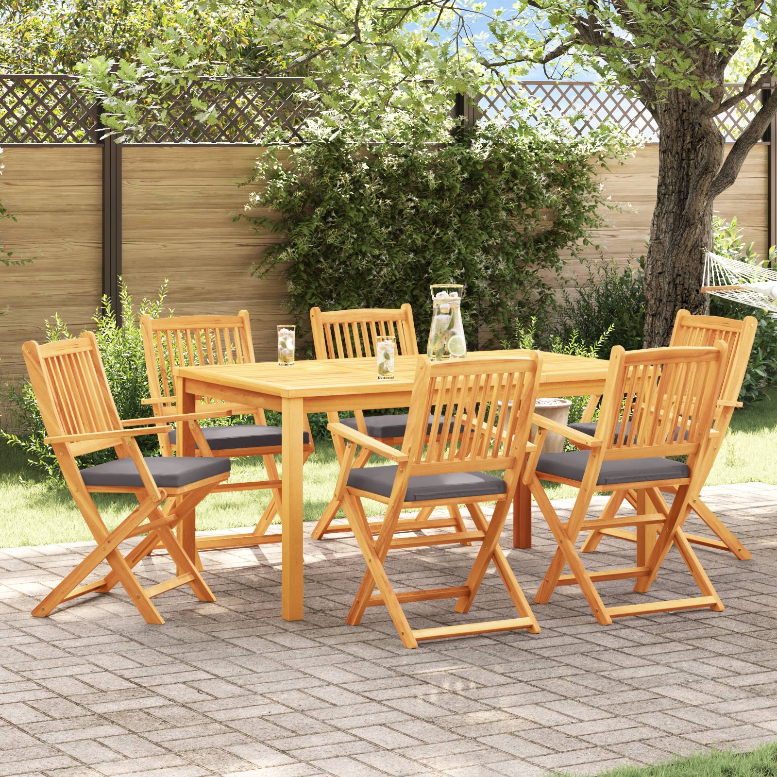 vidaXL Garten-Klappstühle mit Grauen Kissen 6 Stk. Massivholz Akazie