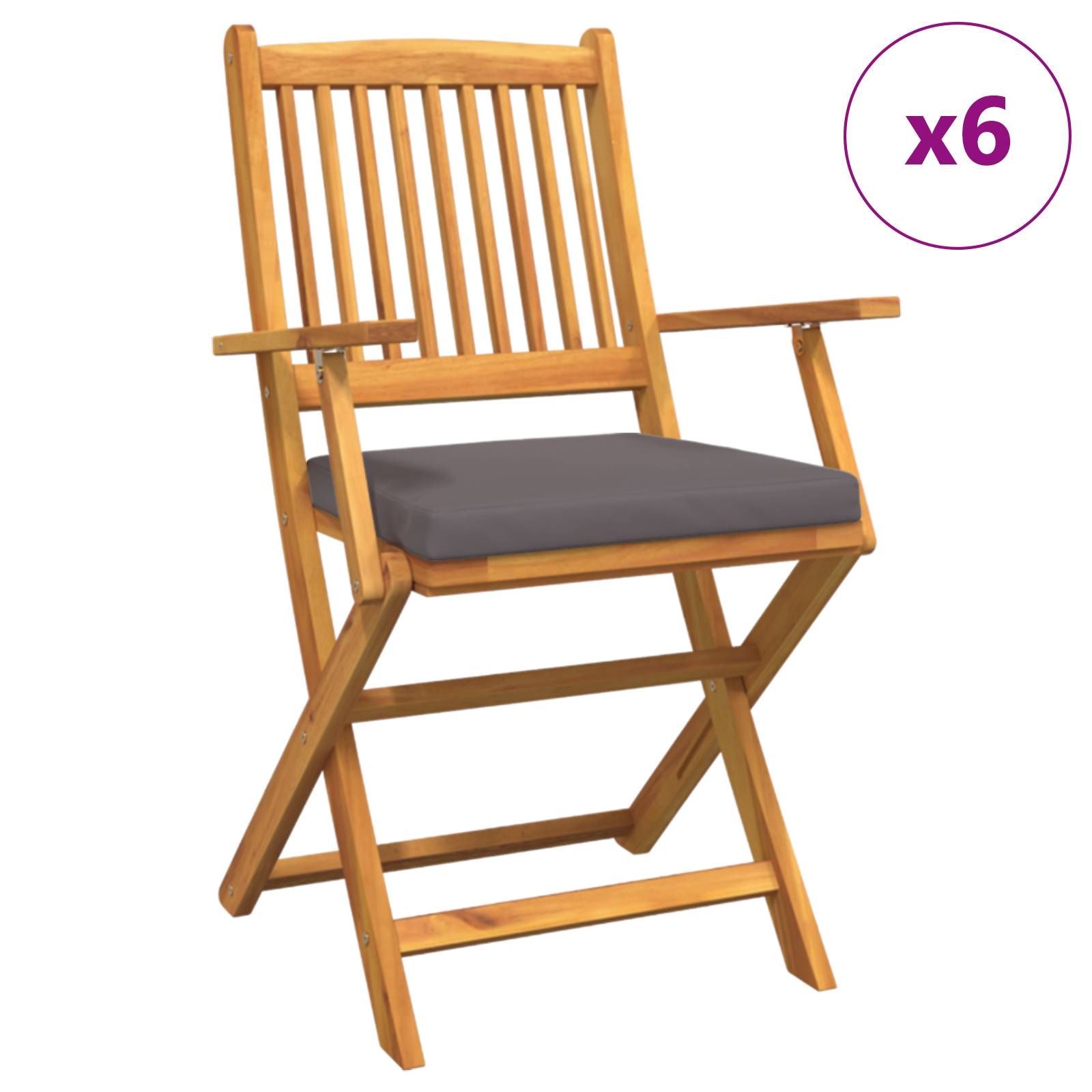 vidaXL Garten-Klappstühle mit Grauen Kissen 6 Stk. Massivholz Akazie