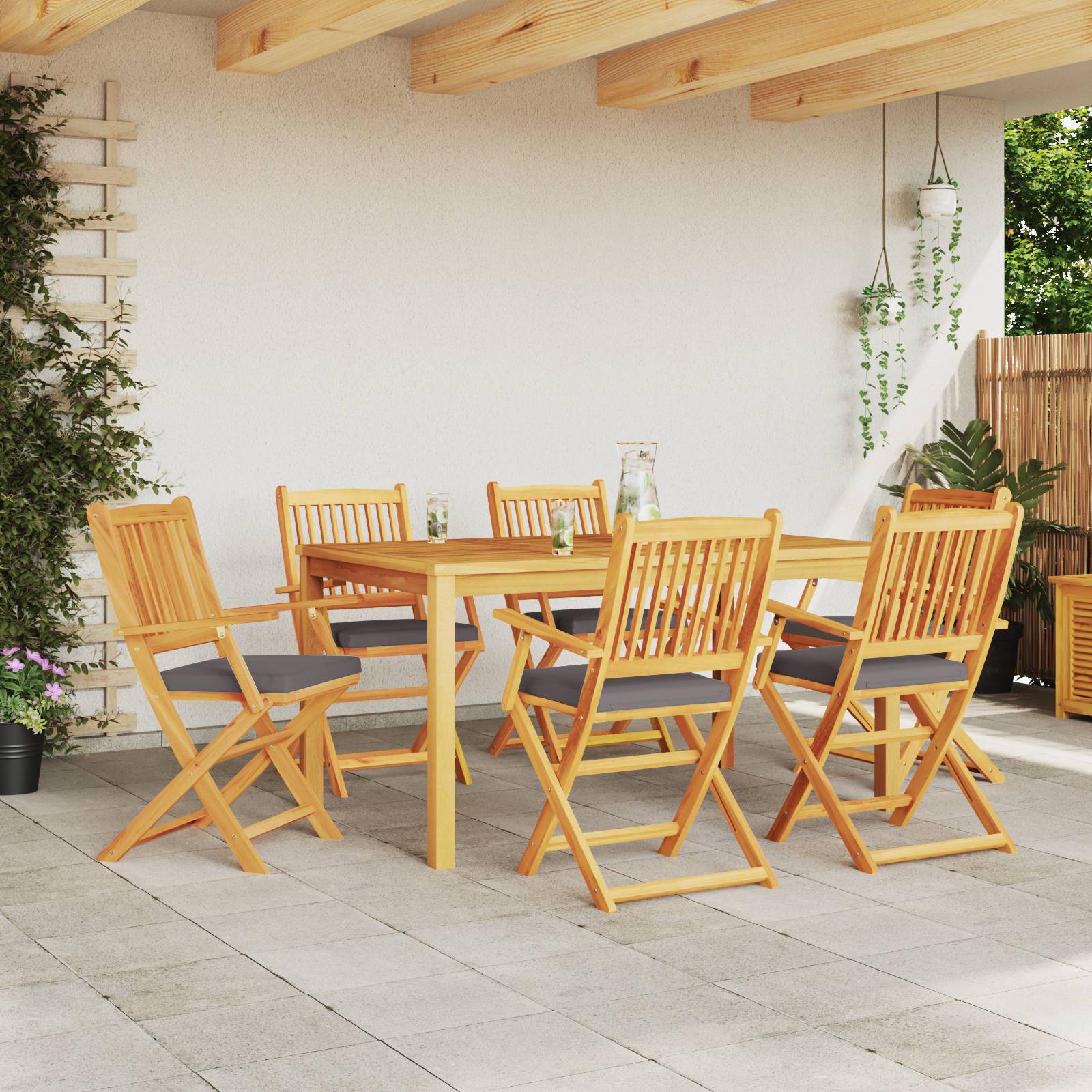 vidaXL Garten-Klappstühle mit Grauen Kissen 6 Stk. Massivholz Akazie