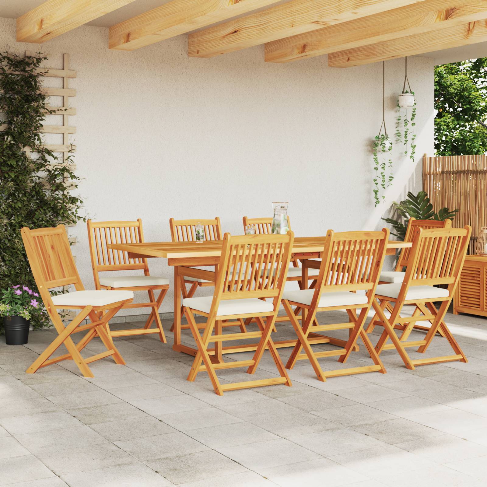 vidaXL Garten-Klappstühle mit Weißen Kissen 8 Stk. Massivholz Akazie