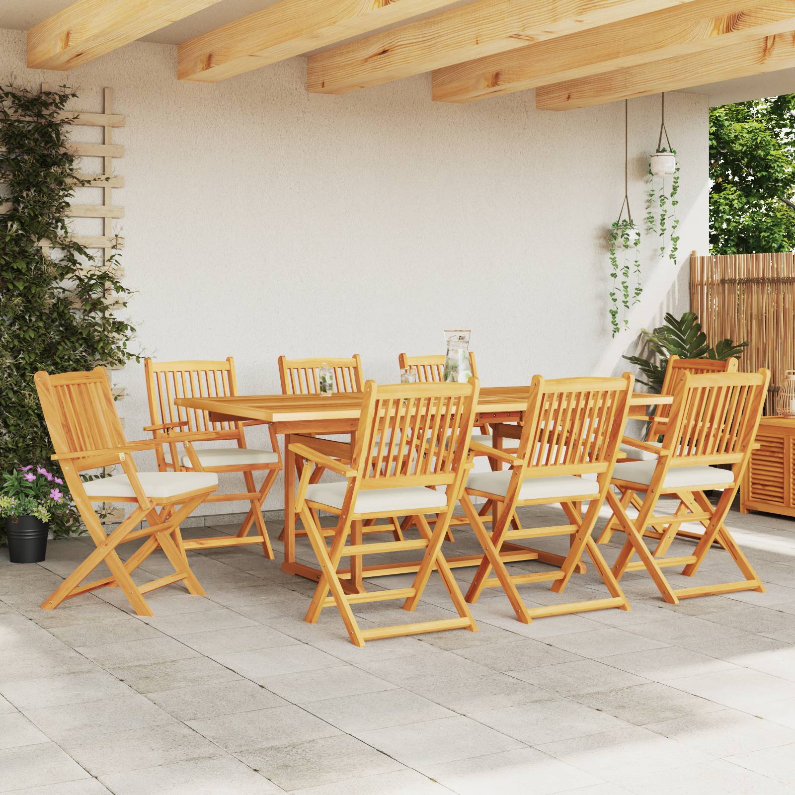 vidaXL Garten-Klappstühle mit Weißen Kissen 8 Stk. Massivholz Akazie