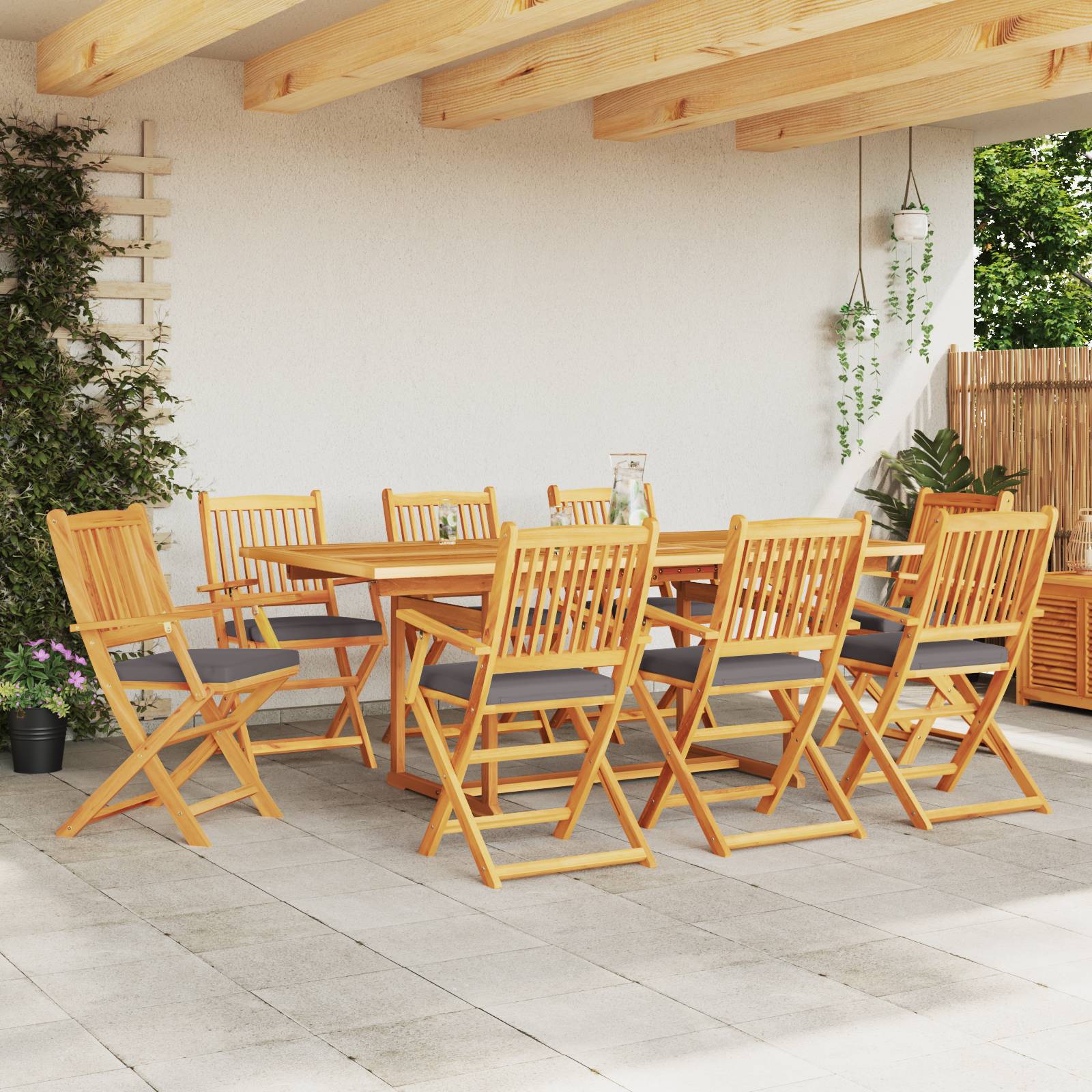 vidaXL Garten-Klappstühle mit Grauen Kissen 8 Stk. Massivholz Akazie