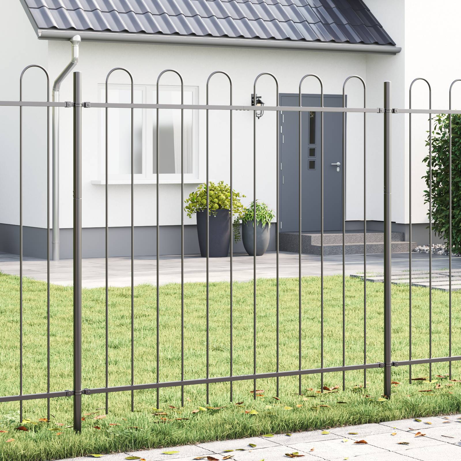 vidaXL Gartenzaun mit Bogenoberteil Grau 3,4x1,5 m Stahl