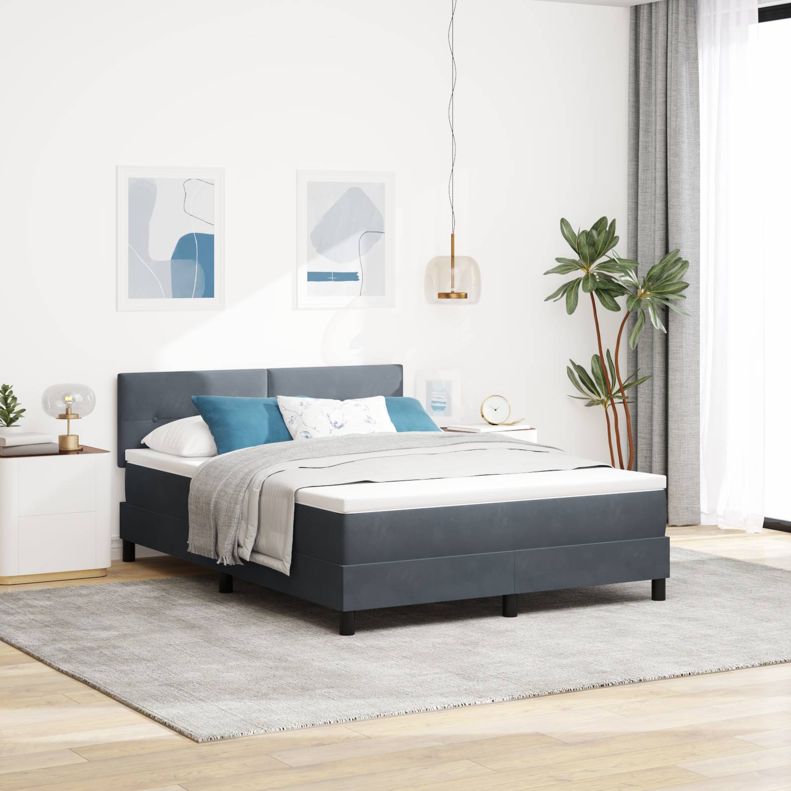 vidaXL Boxspringbett mit Matratze Dunkelgrau 160x200 cm Samt