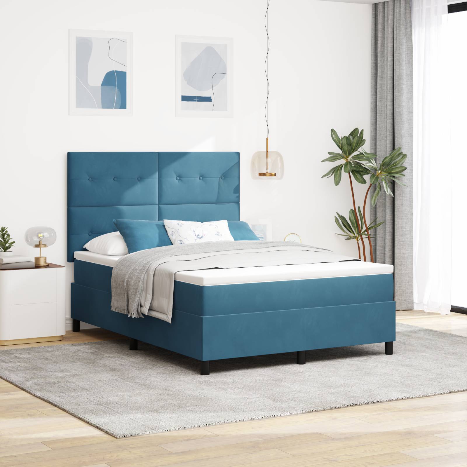 vidaXL LED Boxspringbett mit Matratze Dunkelblau 140x190 cm Samt